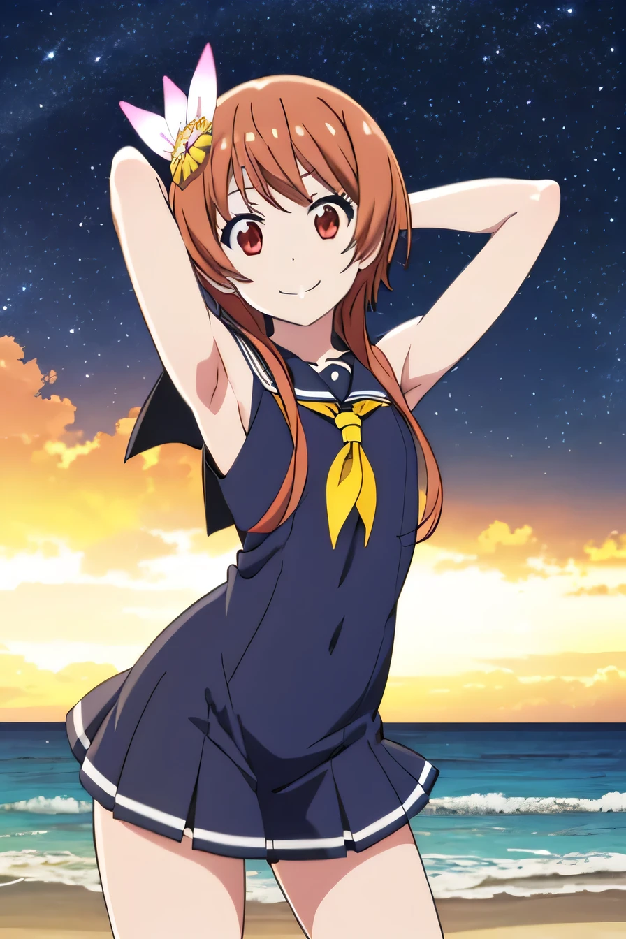 solo, 1girl, marika tachibana, serafuku, smile, looking at viewer, sketch, oekaki, flat colors, 2D, anime coloring,  jaggy lines, (cowboy shot:1.5), solo, night sky, beach, arms behind head, contrapposto, spread armpits, looking at viewer, best quality, closed mouth, presenting armpit, sleeveless,