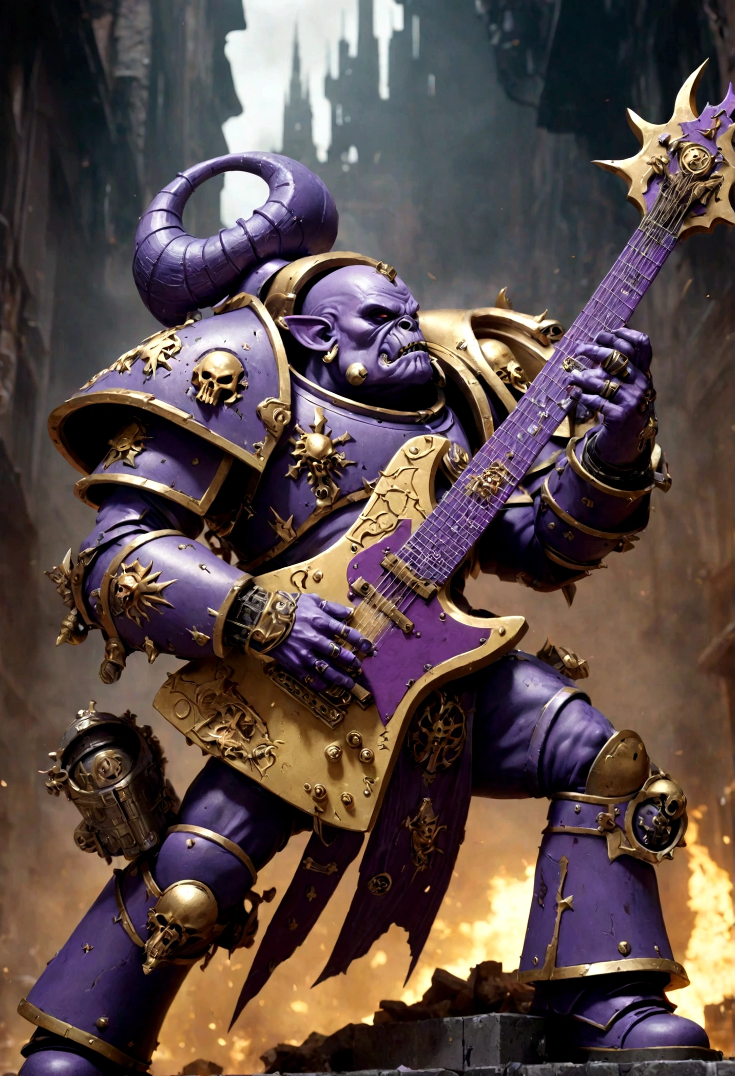 warhammer 40k, a chaos noise marine (purple primary color scheme, gold trim, blasphemous symbols), is playing a chaos styled guitar, powerful speakers on his back blast deadly noise, hi gothic future city
