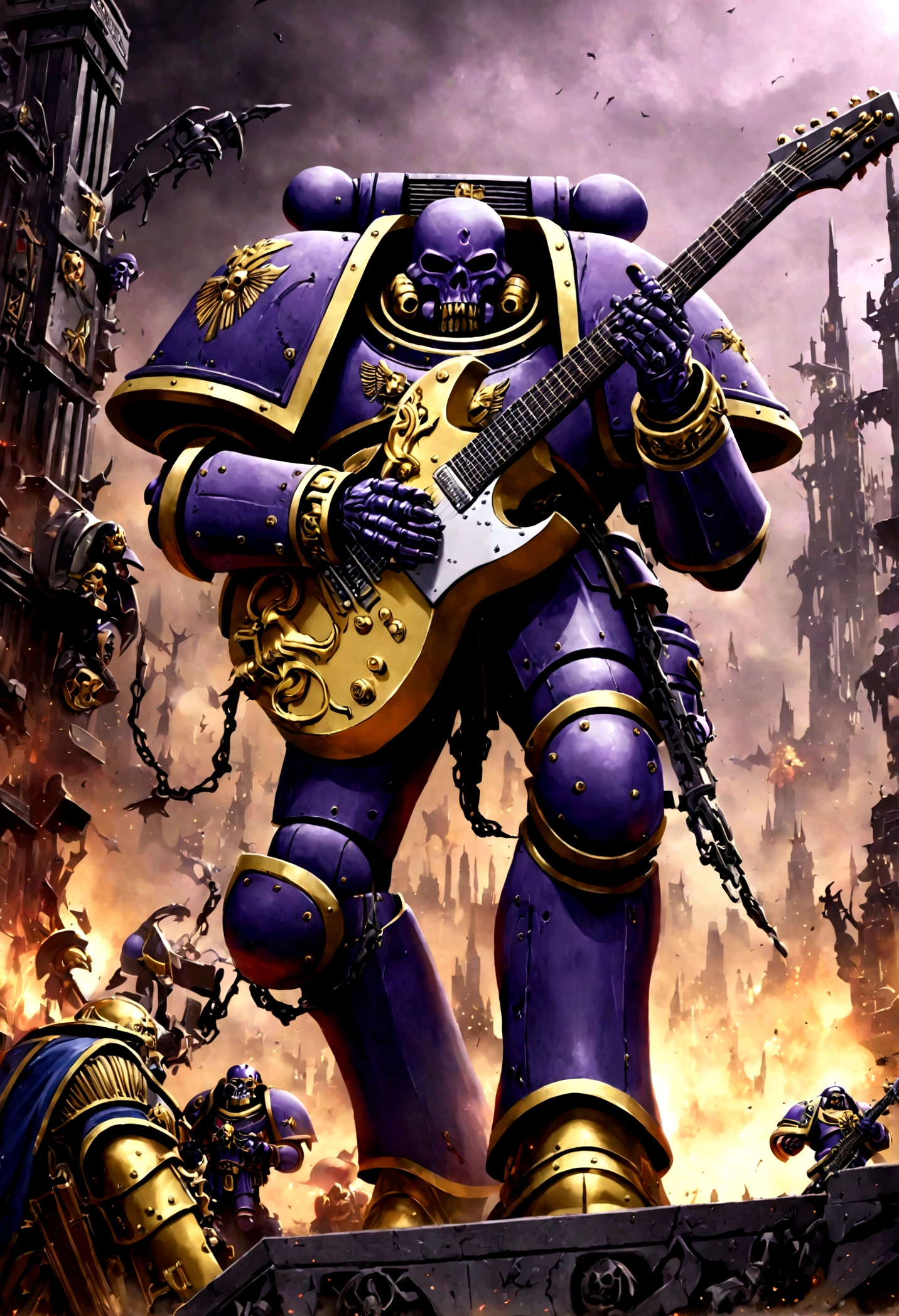 warhammer 40k, a chaos noise marine (purple primary color scheme, gold trim, blasphemous symbols), is playing a chaos styled guitar, powerful speakers on his back blast deadly noise, hi gothic future city
