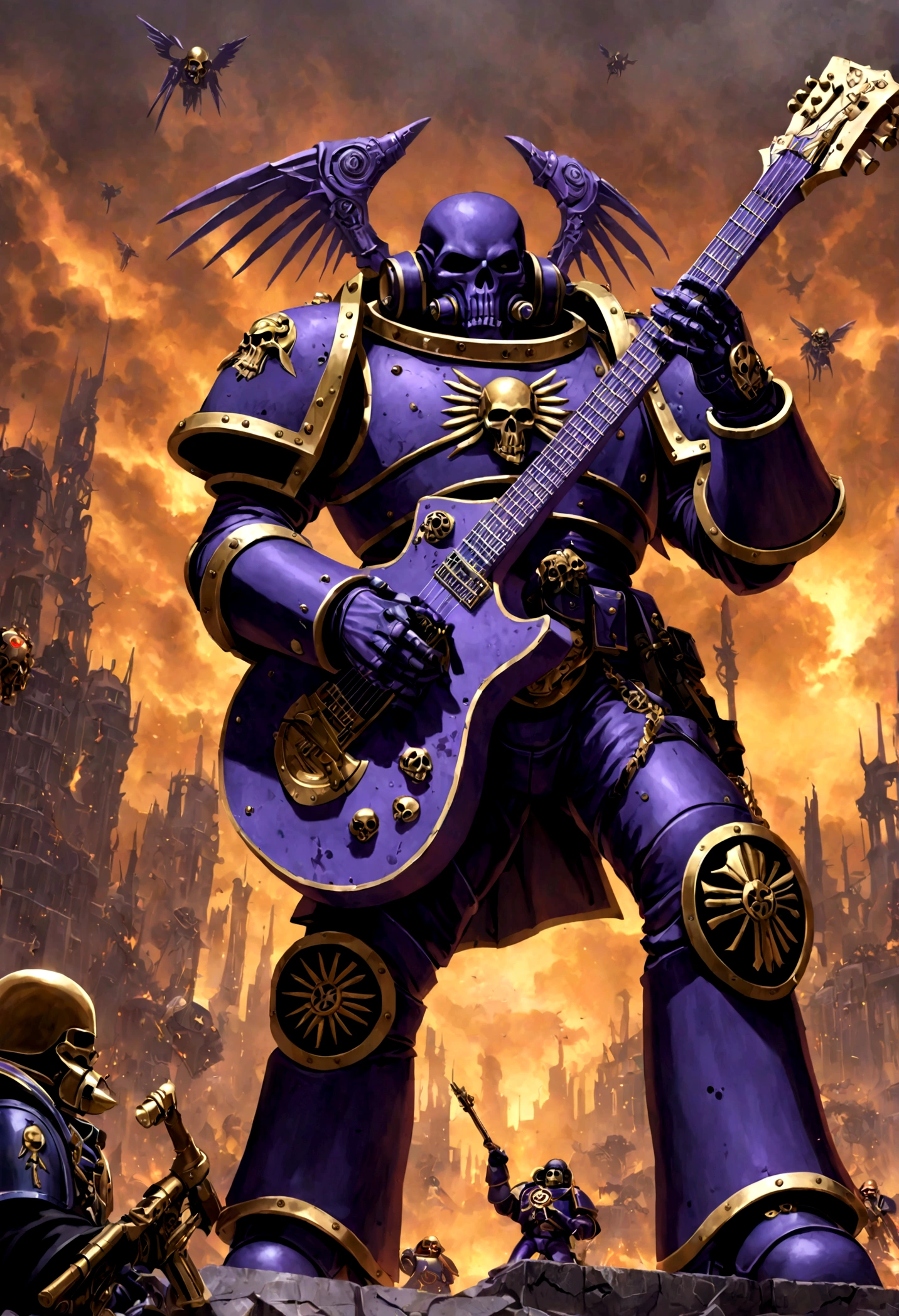 warhammer 40k, a chaos noise marine (purple primary color scheme, gold trim, blasphemous symbols), is playing a chaos styled guitar, powerful speakers on his back blast deadly noise, hi gothic future city

