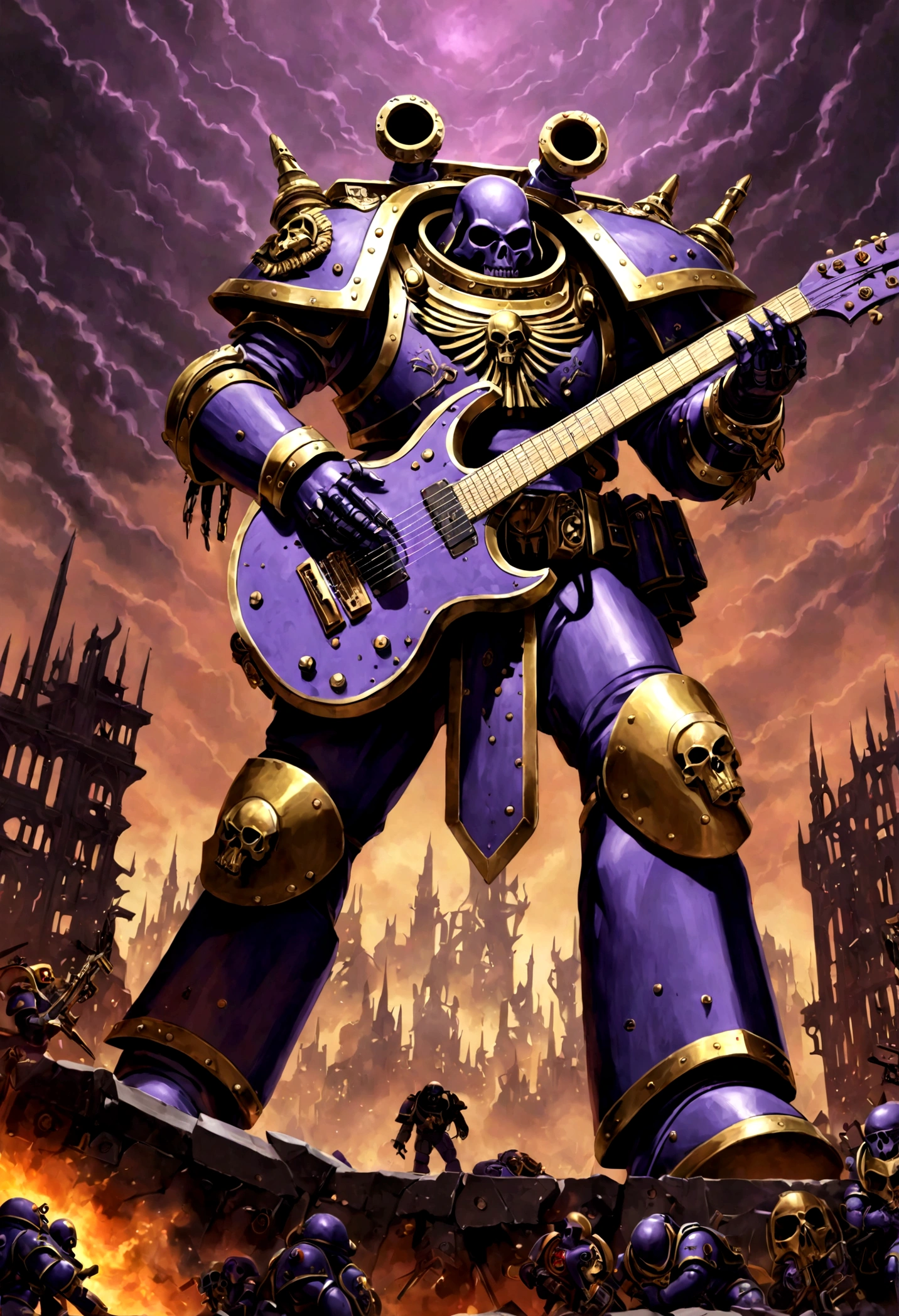 warhammer 40k, a chaos noise marine (purple primary color scheme, gold trim, blasphemous symbols), is playing a chaos styled guitar, powerful speakers on his back blast deadly noise, hi gothic future city
