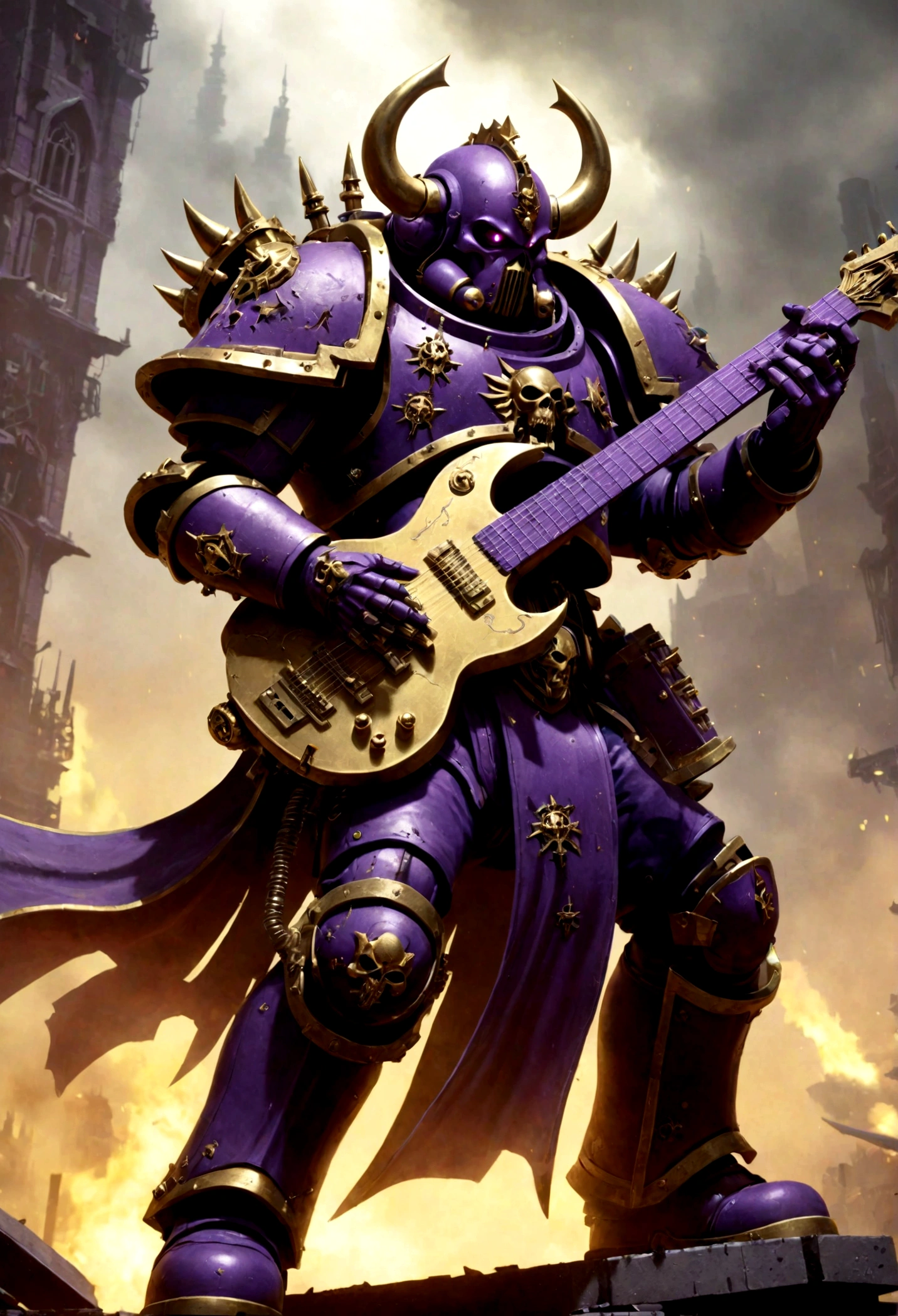 warhammer 40k, a chaos noise marine (purple primary color scheme, gold trim, blasphemous symbols), is playing a chaos styled guitar, powerful speakers on his back blast deadly noise, hi gothic future city