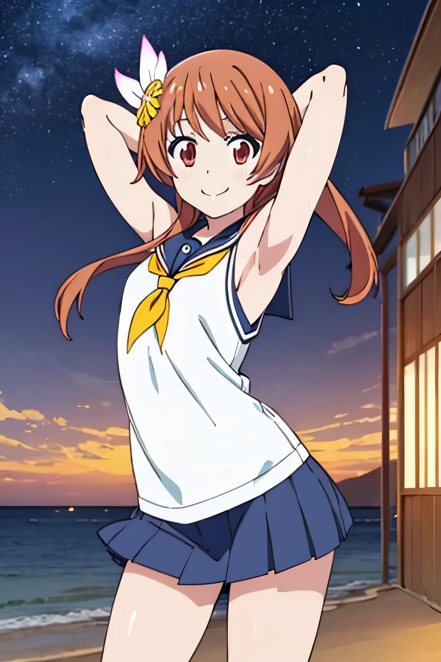 solo, 1girl, marika tachibana, serafuku, smile, looking at viewer, sketch, oekaki, flat colors, 2D, anime coloring,  jaggy lines, (cowboy shot:1.5), solo, night sky, beach, arms behind head, contrapposto, spread armpits, looking at viewer, best quality, closed mouth, presenting armpit, sleeveless,