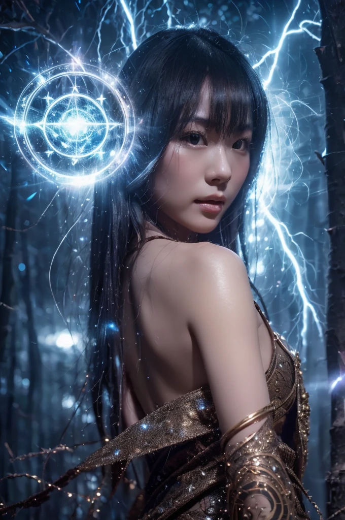best quality, 8k, very delicate and beautiful, highly detailed face and skin texture, shiny skin, high resolution, big tits japanese girl in sexy black dress with magic circle and thunder magic in gloomy forest at night, with lightning, sharp focus