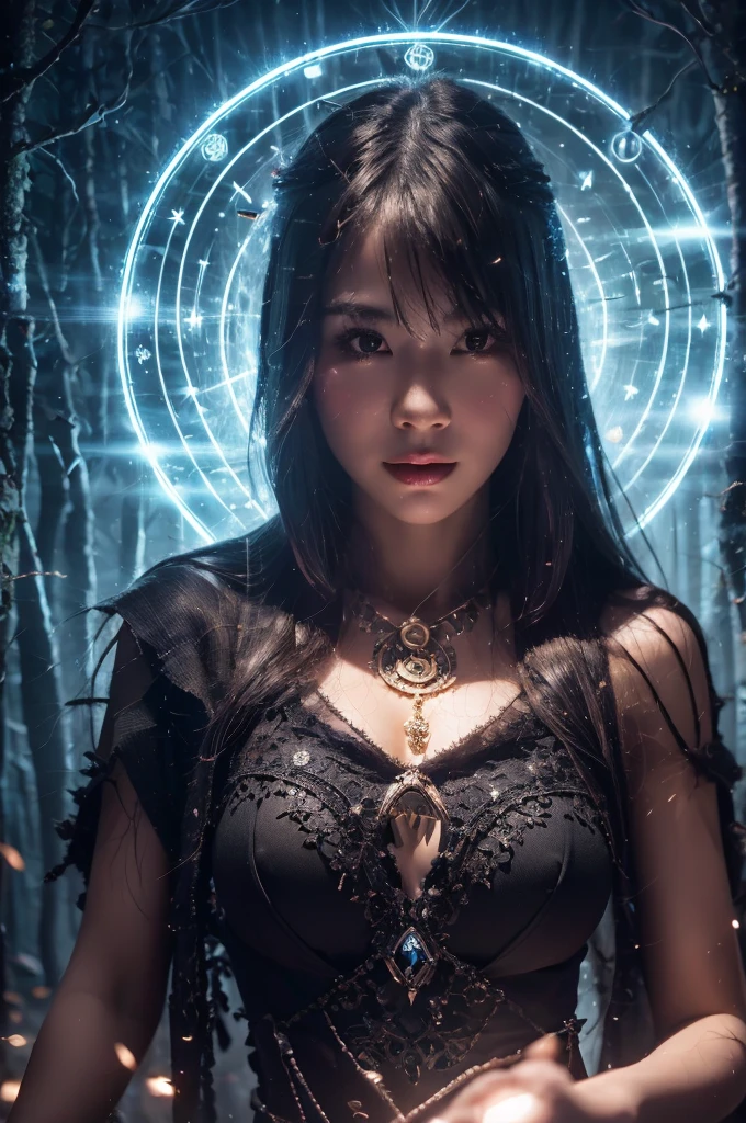 best quality, 8k, very delicate and beautiful, highly detailed face and skin texture, shiny skin, high resolution, big tits japanese girl in sexy black dress with magic circle and thunder magic in gloomy forest at night, with lightning, sharp focus