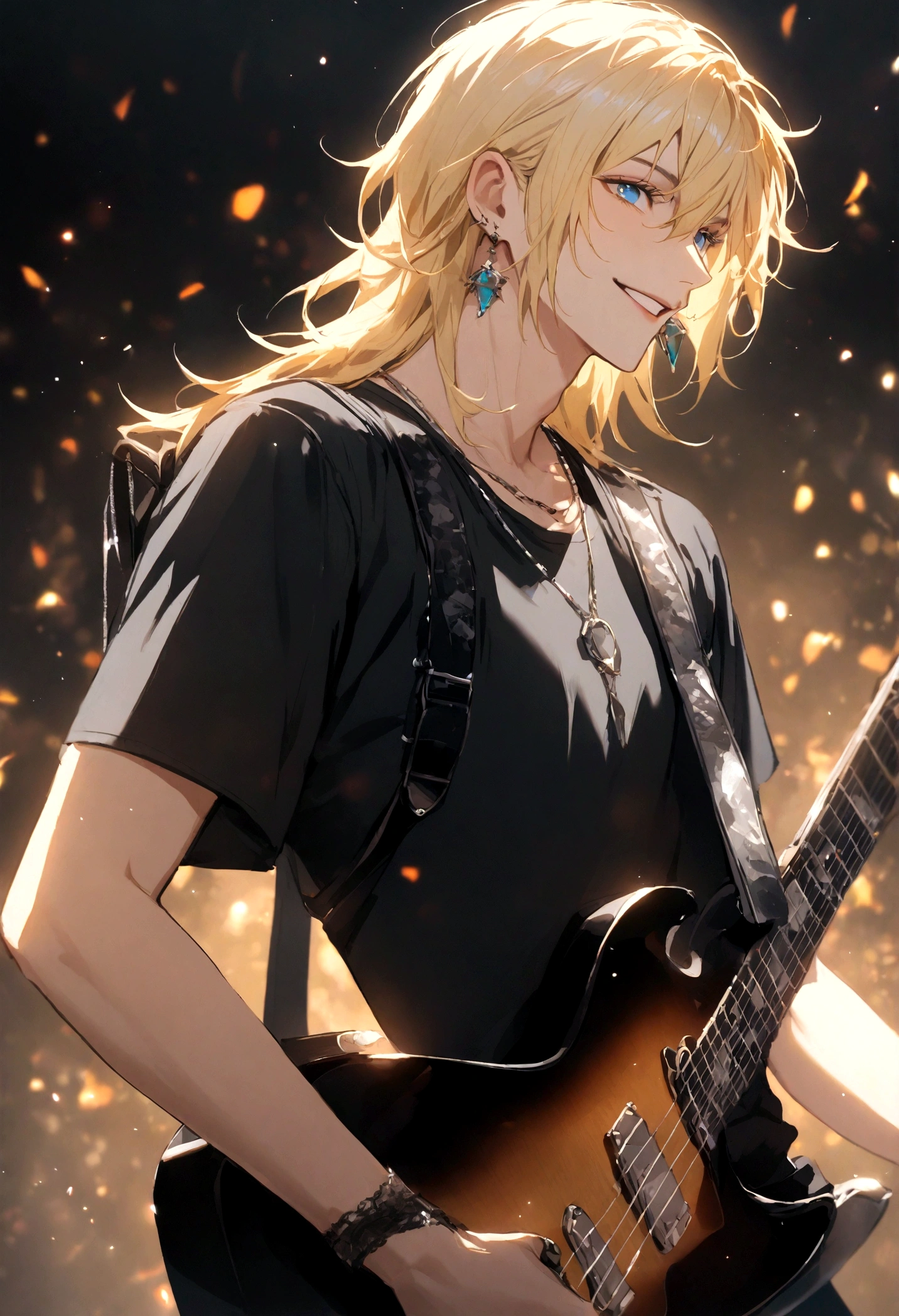 male with blond hair, blue eyes, earrings, smiling, black shirt like a rock singer. guitar on his back.