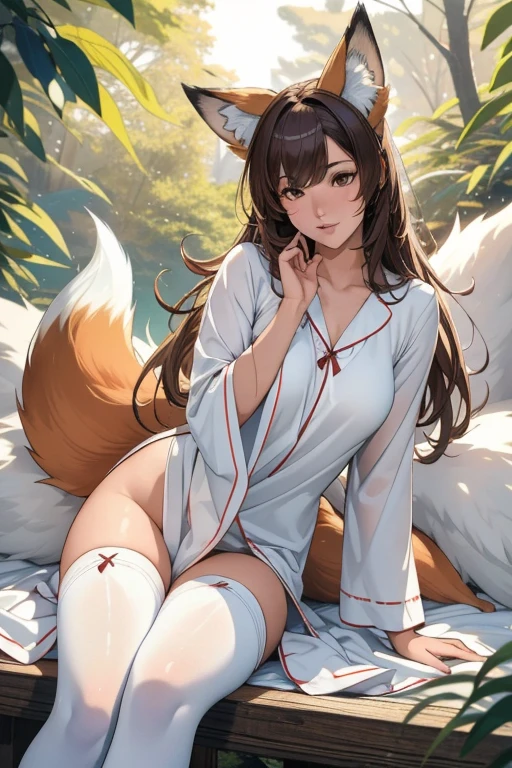 Professional, high-quality photos, 4K resolution, Realistically detailed image of an attractive girl in fluffy white pajamas with fox ears and a fox tail. She is sitting in the middle of a magical forest, Every element is perfectly expressed. The texture of pajamas, The ears and tail are sharp、palpable. The sunlight falls on the leaves、The girl&#39;s face is gently illuminated, Highlights delicate and attractive facial expressions  