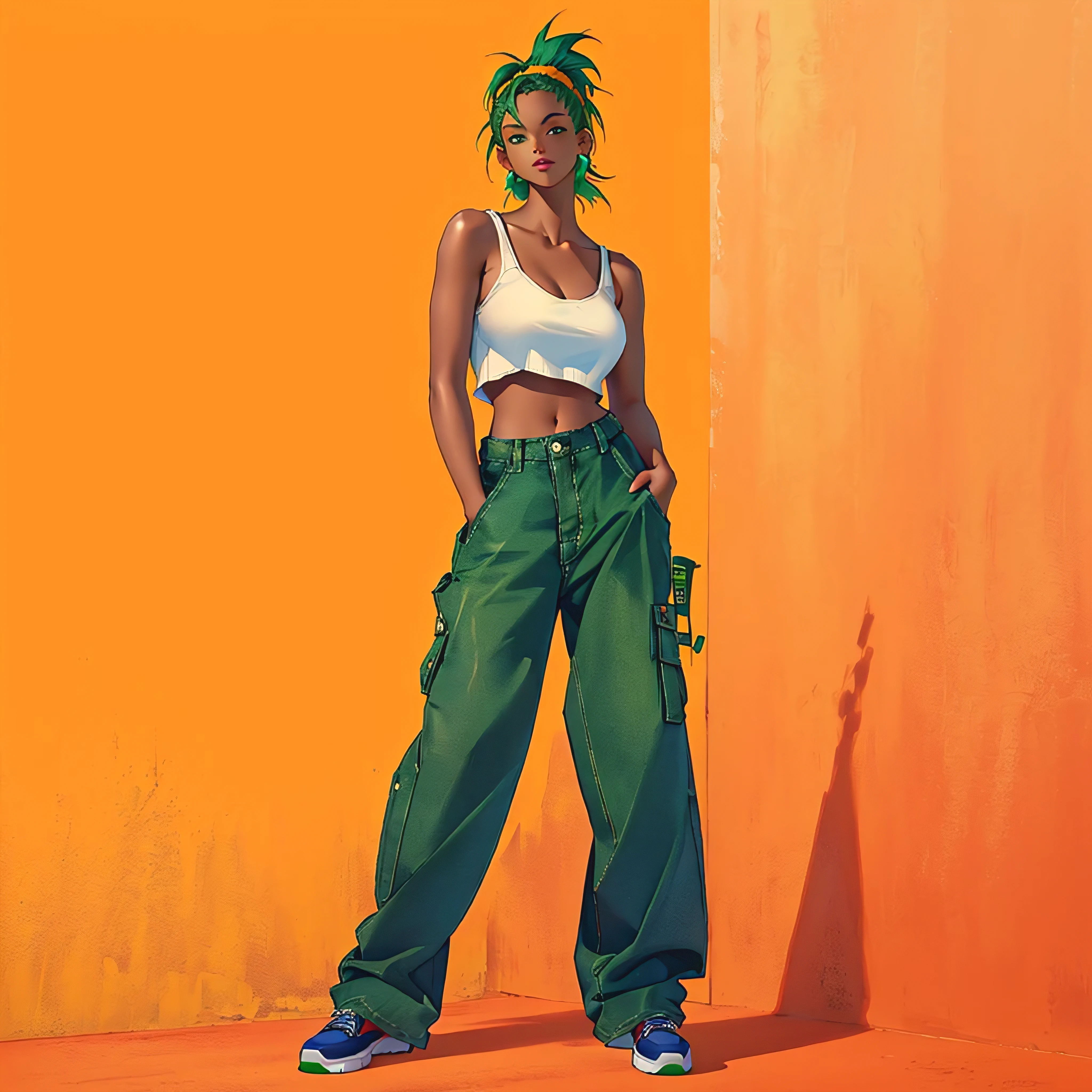 arafed woman in white top and green pants standing against an orange background, baggy pants, baggy jeans, large pants, wearing a baggy, baggy, green corduroy pants, wearing cargo pants, 90s style, pants, 2 0 2 0 fashion, woman in streetwear, thicc, she is wearing streetwear