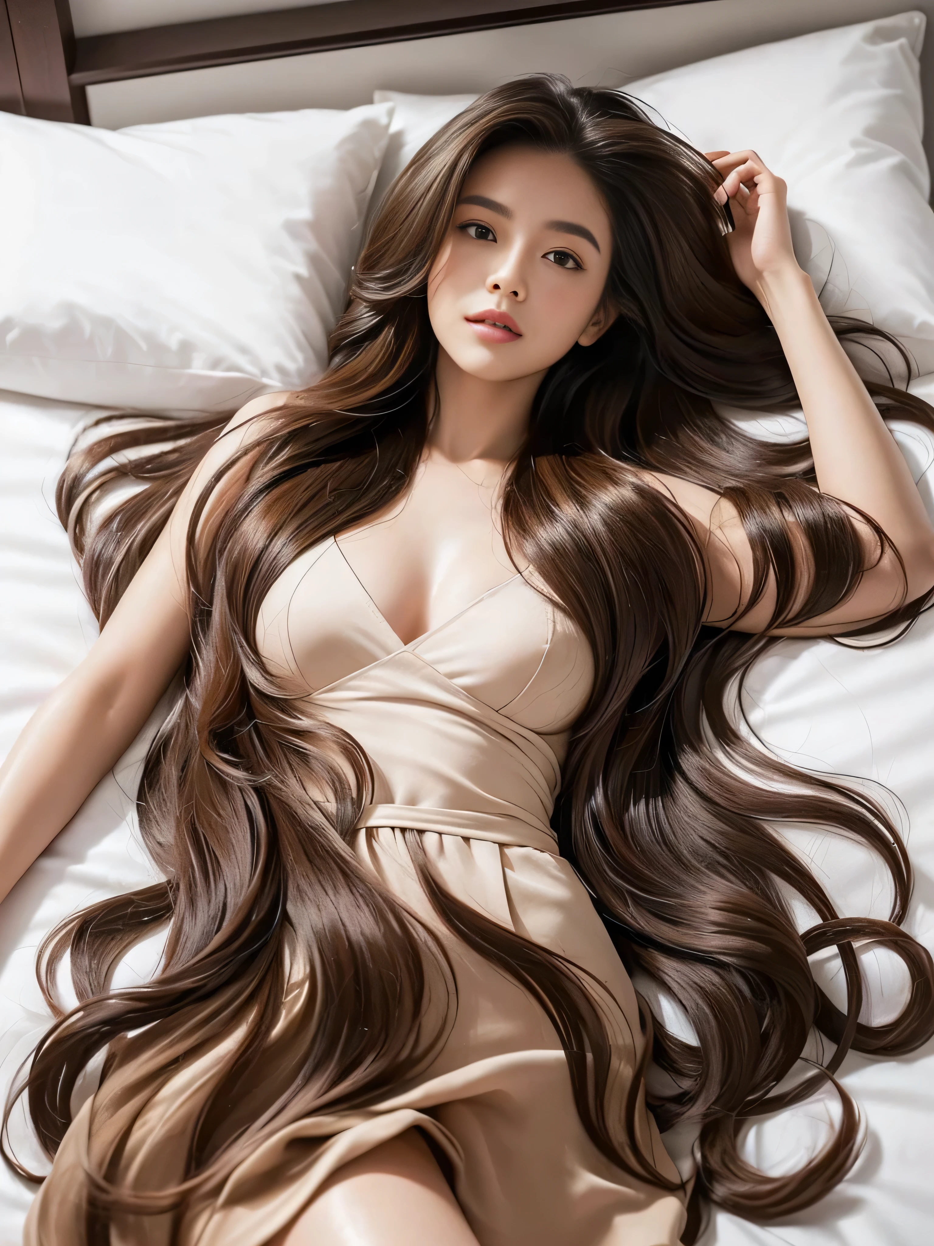 (She is lying on her back on a white bed.、She was photographed from the ceiling as she slept with her hair spread out and facing the ceiling.:1.2) ((highest quality)), ((masterpiece)), (Familiar), (Get used to it) (Large Breasts:1.4) ((Her hair color is light brown!!!!!)) ((Her bangs are completely forehead)) (Her hair is very wavy:1.3) (Very long hair down to the ankles!!!!! highest quality Highest detail Very long hair down to the ankles!!!!!Very long hair!!!!! that lasts forever:1.3 Flowing hair Very shiny and thick hair Abnormally long hair that lasts forever!!!!! Flowi on both sidesng hair!!! Very long hair down to the ankles!!!!! Very long hair down to the ankles!!!!! Thick and shiny hair Very free hair Abnormally long hair!!!!! Beautiful silky hair Very long hair down to the ankles!!!!! Beautiful and shiny hair Beautiful and shiny hair Beautiful silky hair Long hair down to the ankles!!!!! Very very very long hair!!!!! Very very very long hair!!!!!) Perfect Woman'face (She has a typical Japanese build and skin color..., Her skin is very high quality and ultra high definition.、very beautiful and glowing skin) (Her face is dignified and sexy)(She achieved her sexy look with the help of a professional makeup artist.。... Lipstick is bright red The eyeliner is a beautiful black) (She is smiling at the viewer:1.3) (She has a typical Japanese build and skin color Her skin is very delicate and sensitive..、and、Such beautiful and radiant skin) (Her face shape is thinner than average.:1.3) (Her eyes are smaller than average:1.3) ((Rich 1.4)) (Extremely detailed 8K) (Ultra-fine skin texture 1.4) (Actual, Vibrant:1.4), Sharp focus:1.2、Beautiful woman:1.4 Dynamic Lighting (Genuine RAW photos taken by professional photographers) very beautiful and glowing skin) (Surreal photos by professional photographers :1.2) (Very long hair down to the ankles!!!!! highest quality Highest detail Very long hair down to the ankles!!!!!Very long hair!!!!! that lasts forever:1.3 Flowing hair Very shiny and thick hair Abnormally long hair that lasts forever!!!!! Flowi on both sides