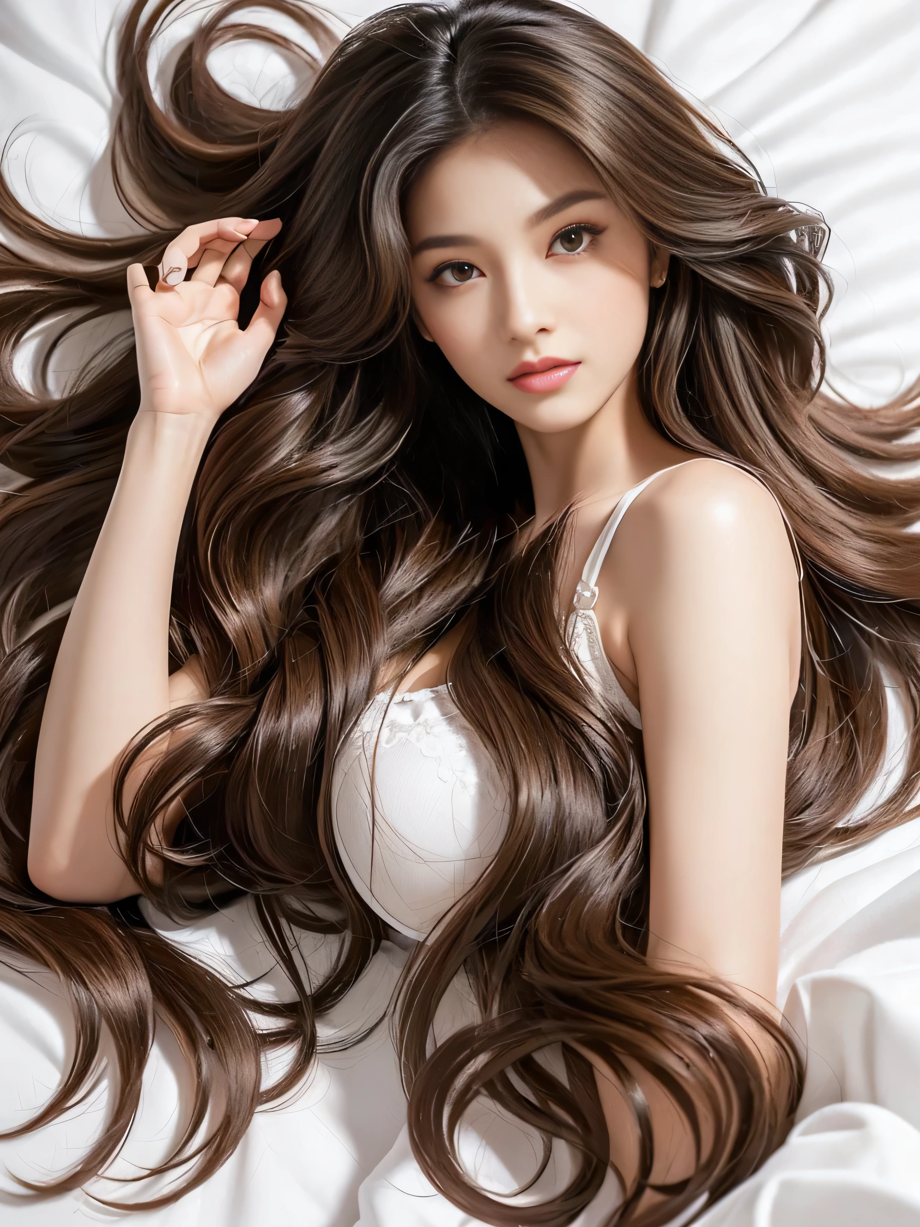 (She is lying on her back on a white bed.、She was photographed from the ceiling as she slept with her hair spread out and facing the ceiling.:1.2)　((highest quality)), ((masterpiece)), (Familiar), (Get used to it)　(Large Breasts:1.4)　((Her hair color is light brown!!!!!))　((Her bangs are completely forehead))　(Her hair is very wavy:1.3)　(Very long hair down to the ankles!!!!!　highest quality　Highest detail　Very long hair down to the ankles!!!!!Very long hair!!!!! that lasts forever:1.3　Flowing hair　Very shiny and thick hair　Abnormally long hair that lasts forever!!!!!　Flowi on both sidesng hair!!!　Very long hair down to the ankles!!!!!　Very long hair down to the ankles!!!!!　Thick and shiny hair　Very free hair　Abnormally long hair!!!!!　Beautiful silky hair　Very long hair down to the ankles!!!!!　Beautiful and shiny hair　Beautiful and shiny hair　Beautiful silky hair　Long hair down to the ankles!!!!!　Very very very long hair!!!!!　Very very very long hair!!!!!)　　Perfect Woman&#39;face　(She has a typical Japanese build and skin color..., Her skin is very high quality and ultra high definition.、very beautiful and glowing skin)　(Her face is dignified and sexy)（She achieved her sexy look with the help of a professional makeup artist.。...　Lipstick is bright red　The eyeliner is a beautiful black)　(She is smiling at the viewer:1.3)　(She has a typical Japanese build and skin color　Her skin is very delicate and sensitive..、and、Such beautiful and radiant skin)　(Her face shape is thinner than average.:1.3)　(Her eyes are smaller than average:1.3)　((Rich 1.4))　(Extremely detailed 8K)　(Ultra-fine skin texture 1.4)　(Actual, Vibrant:1.4), 　Sharp focus:1.2、Beautiful woman:1.4　Dynamic Lighting　(Genuine RAW photos taken by professional photographers)　very beautiful and glowing skin)　(Surreal photos by professional photographers :1.2)　(Very long hair down to the ankles!!!!!　highest quality　Highest detail　Very long hair down to the ankles!!!!!Very long hair!!!!! that lasts forever:1.3　Flowing hair　Very shiny and thick hair　Abnormally long hair that lasts forever!!!!!　Flowi on both sides