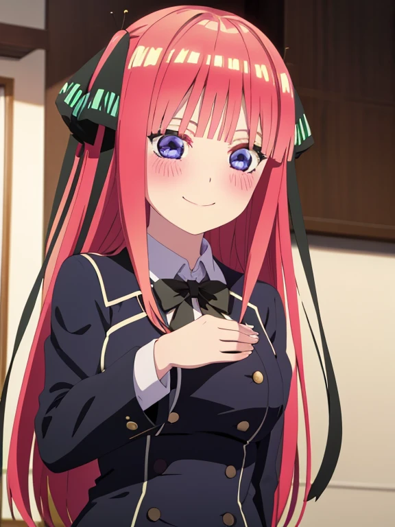 highest quality, A very exquisite masterpiece, Anime art style, Cute Characters, nino nakano, chest, blush, smile, whole body, uniform