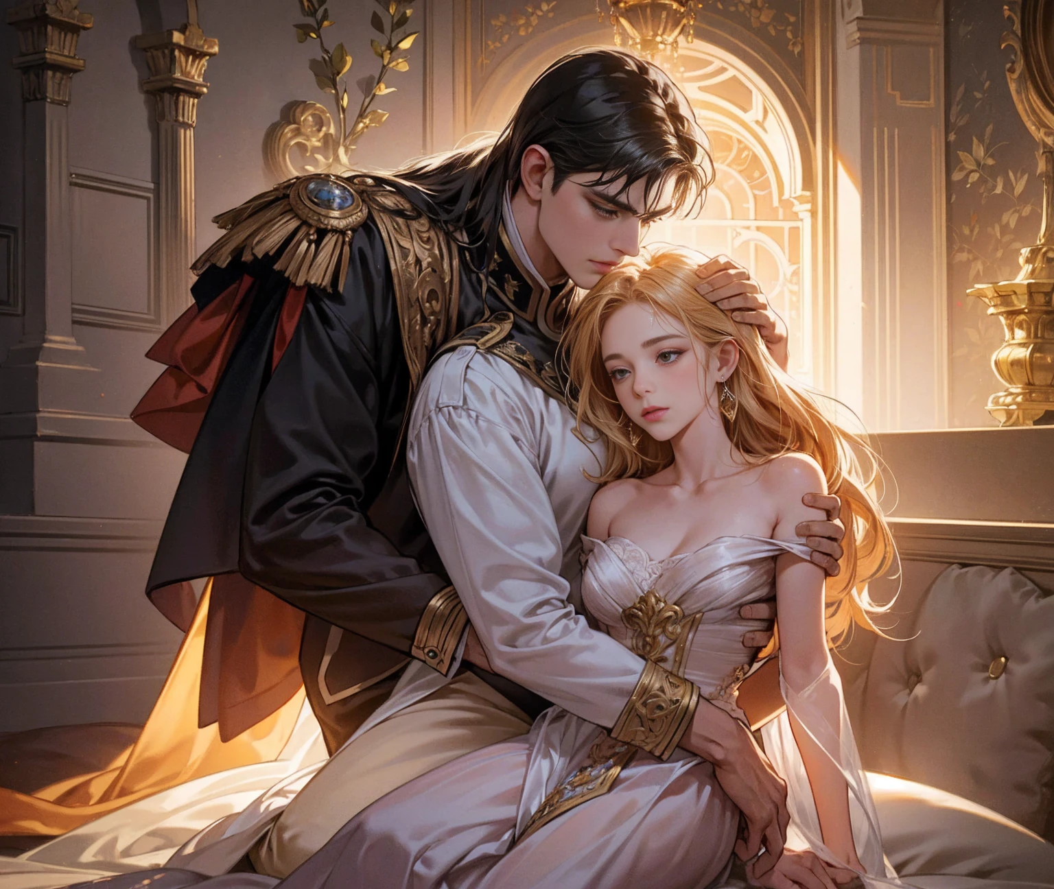 a beautiful empress, long flowing hair, elegant dress, roman emperor constantine, passionate embrace, tender love, lyrical, soft lighting, intricate jewelry, warm hues, photorealistic, masterpiece, 8k, hyper detailed, dramatic lighting, cinematic, romantic, sensual, ornate palace, golden accents