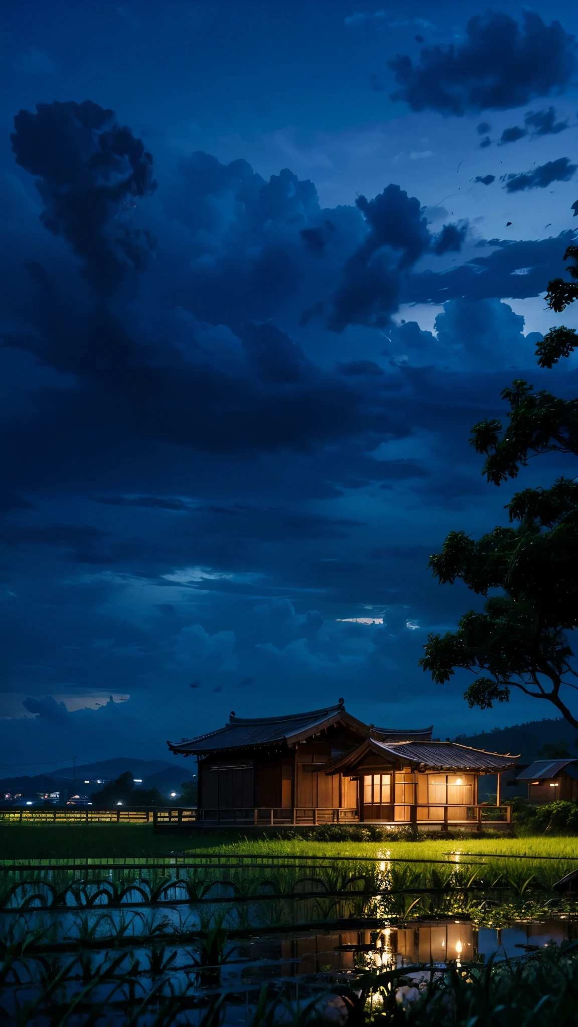 highest quality、masterpiece、night、Rain、Idyllic countryside、Paddy field、1件Old house