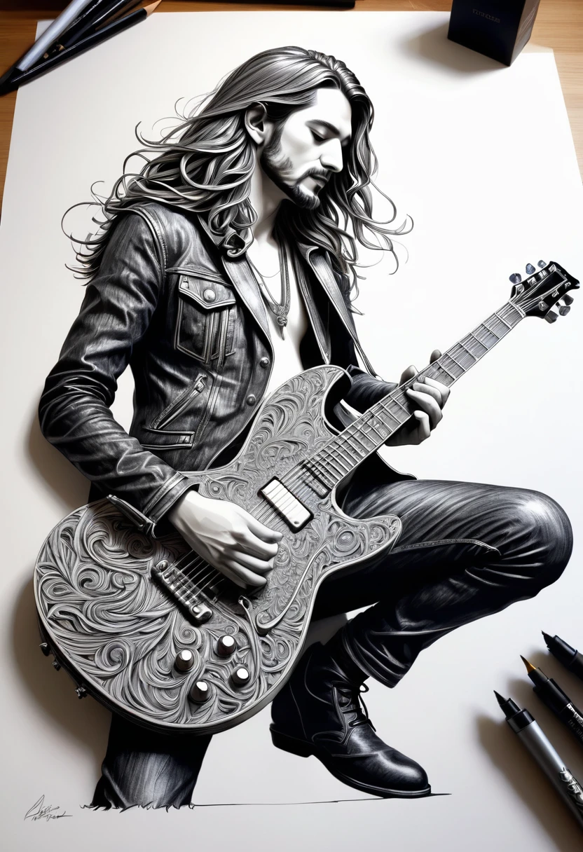 Dessiner une figurine 4D d’un guitariste de style encre uhd époustouflante et à couper le souffle, effet holographiqhe qui semble sortir de la feuille de dessin, extremely detailed drawing, hyperRéaliste, sublime details. Truly remarkable work, rock'n roll metal work , perfect and detailed hands, highly detailed hyperrealistic guitar