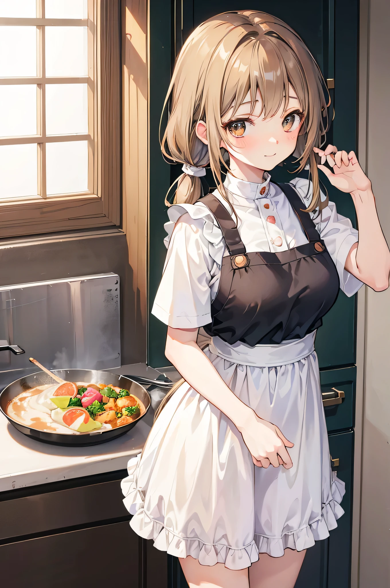 Anime, teenage girl, big breasts, Long hair light brown color, light brown eyes, blushing, smooth white skin, Looks very cute, Gentle and neat personality, Shy, Agasshi., Small and short, Pigtail-hair style, Wearing white apron, Cooking in the kitchen, Gently smile,