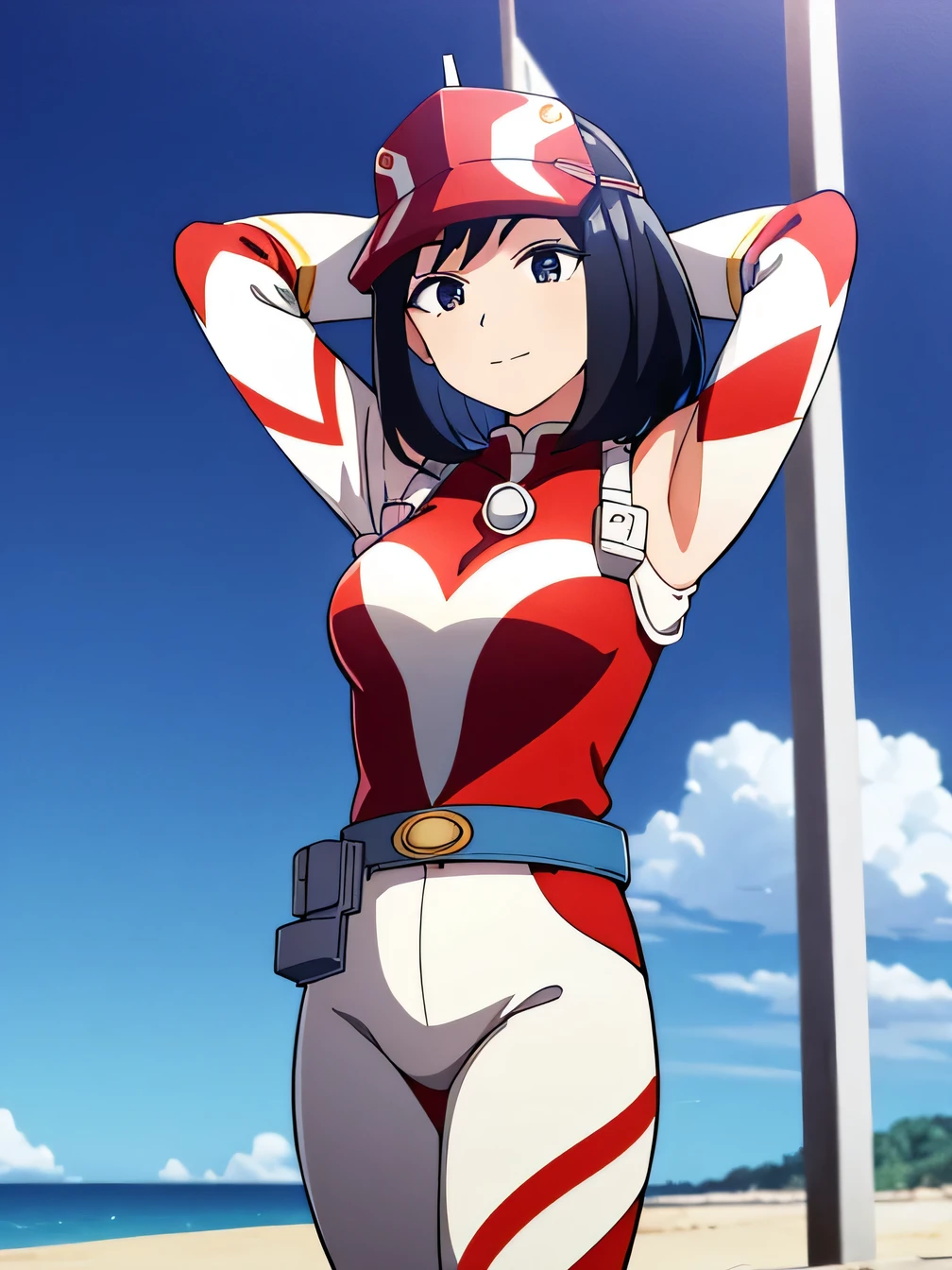 1girl, alone, yui kodai, medium hair, black eyes, smiling, closed mouth, best quality, (peak cap: 1.2), (red and white jumpsuit: 1.2), sleeves long, belt, (red and white pants: 1.2), (white sneakers: 1.2) large breasts, medium waist, anime, closed mouth, solo, (cowboy shot:1.5) night sky, beach, arms behind head, contrapposto, shy smile, spread armpits, best quality, perfect hands, expressionless,