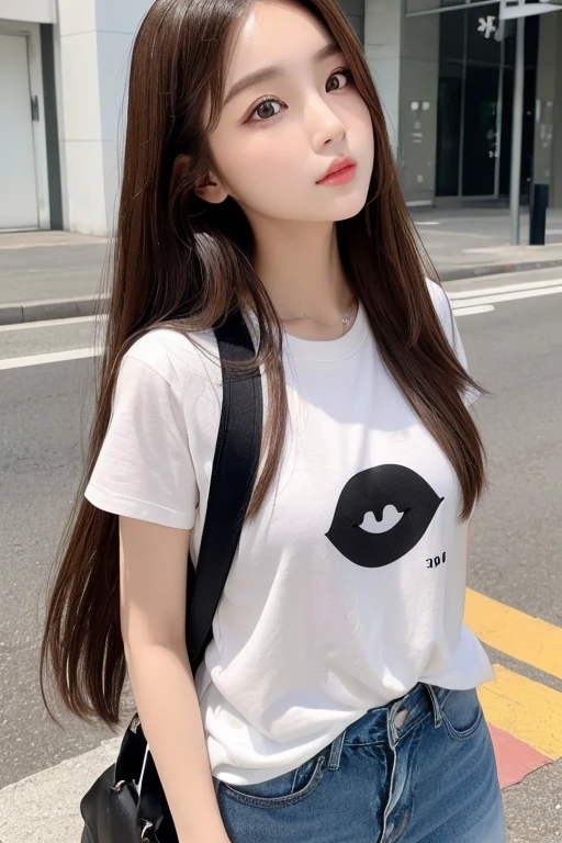 masterpiece、top-quality)、1 beutiful girl、Slim body、((Black and white plain clothes:1.1))、(Detailed beautiful dark brown eyes)、In the Han River、Face similar to Chaewon in Le Selefim、((dark Brown long Hair))、((Smaller face))、((Neutral face))、((Light brown eyes))、((Thai half Korean Girl))、((28year old))、((cool lady))、((Embarrassed expression))、((Korean Makeup))、((elongated and sharp eyes))、((Happy dating))、((boyish))、((She is walking in front of the viewer))、((Looking Up)) , T-shirt, jeans