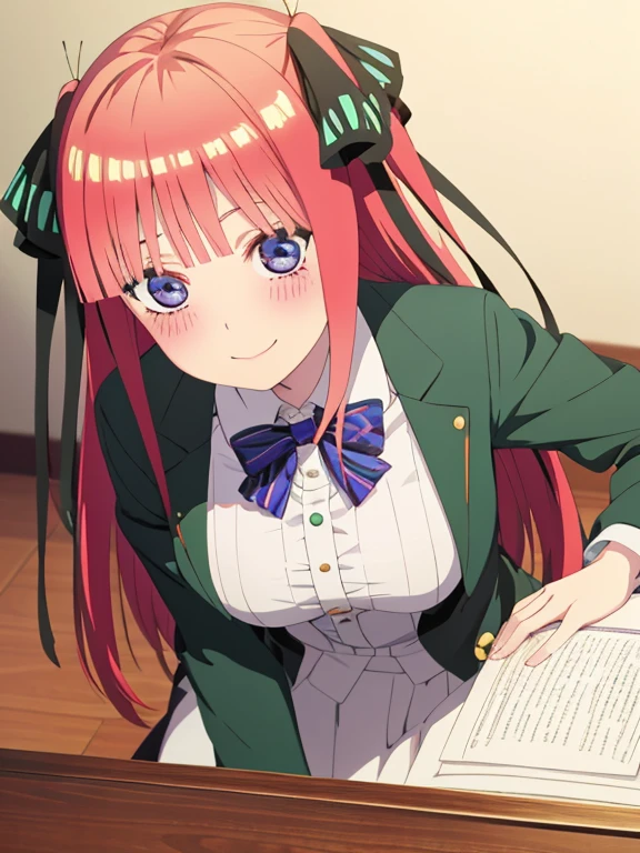 highest quality, A very exquisite masterpiece, Anime art style, Cute Characters, nino nakano, chest, blush, smile, whole body, uniform