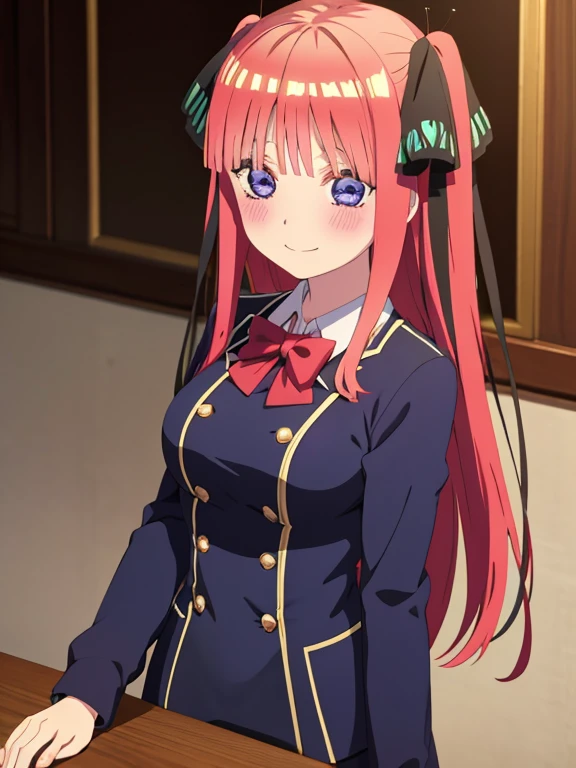 highest quality, A very exquisite masterpiece, Anime art style, Cute Characters, nino nakano, chest, blush, smile, whole body, uniform