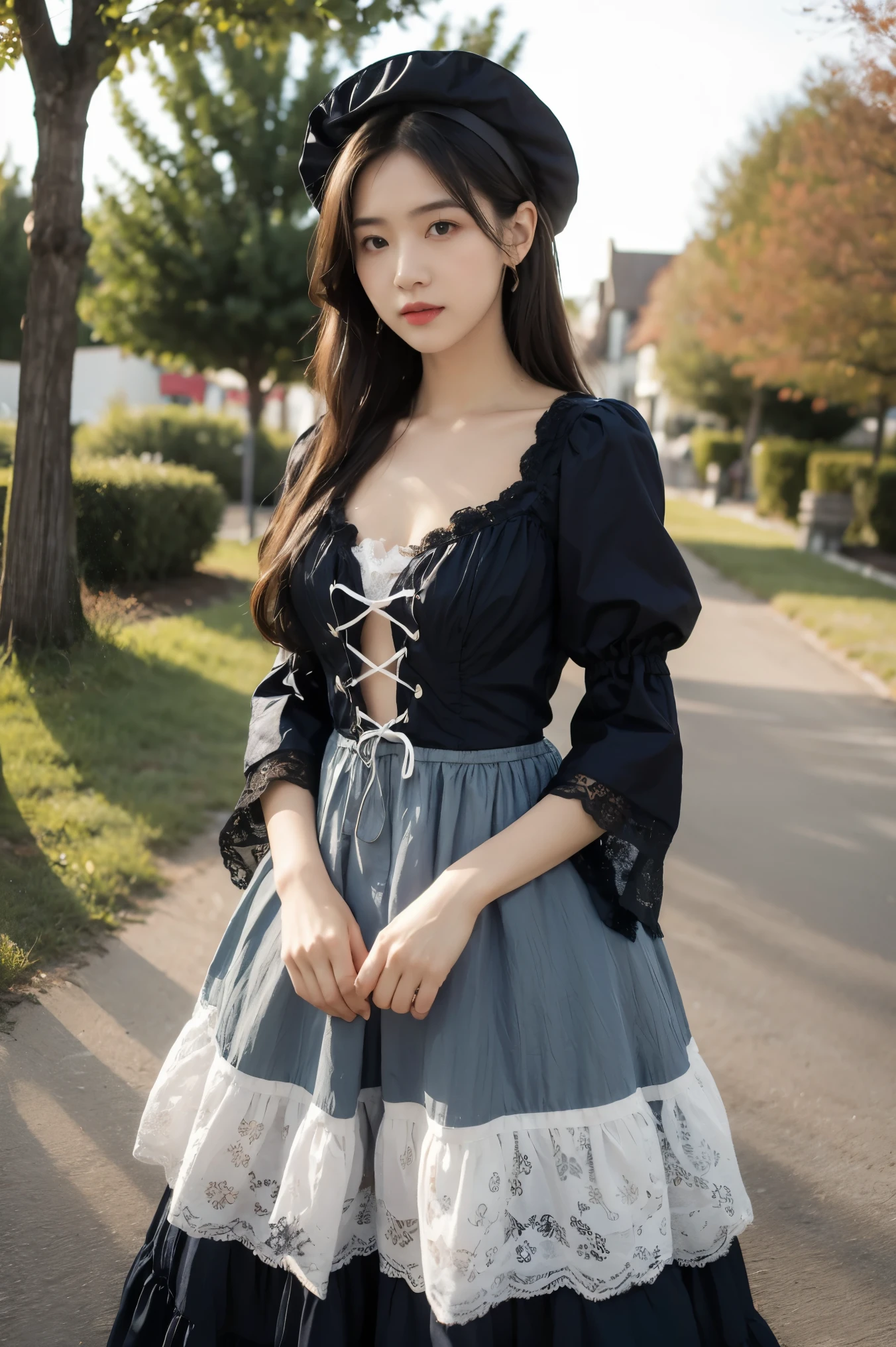 1girl, lolita fashion, blue dress,wide sleeves ,,flower,,hat, lace  lace-trimmed dress