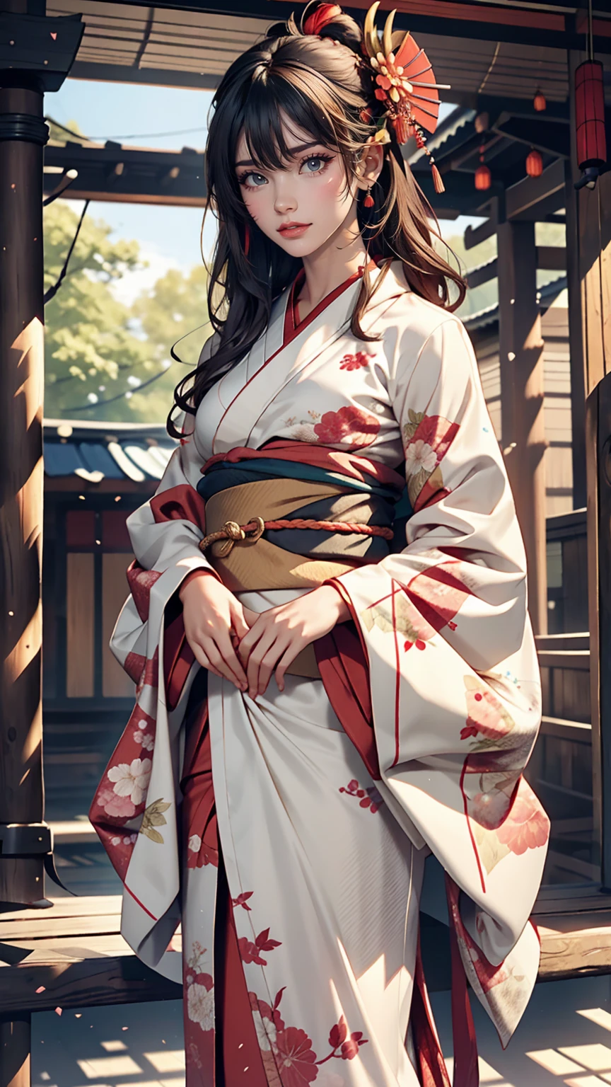 beautiful, masterpiece, highest quality, Highly detailed face,  Perfect lighting, One girl, alone,  matoi ryuuko, kimono, kimono, short kimono,  Cowboy Shot