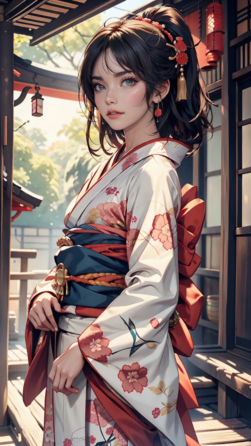 beautiful, masterpiece, highest quality, Highly detailed face,  Perfect lighting, One girl, alone,  matoi ryuuko, kimono, kimono, short kimono,  Cowboy Shot