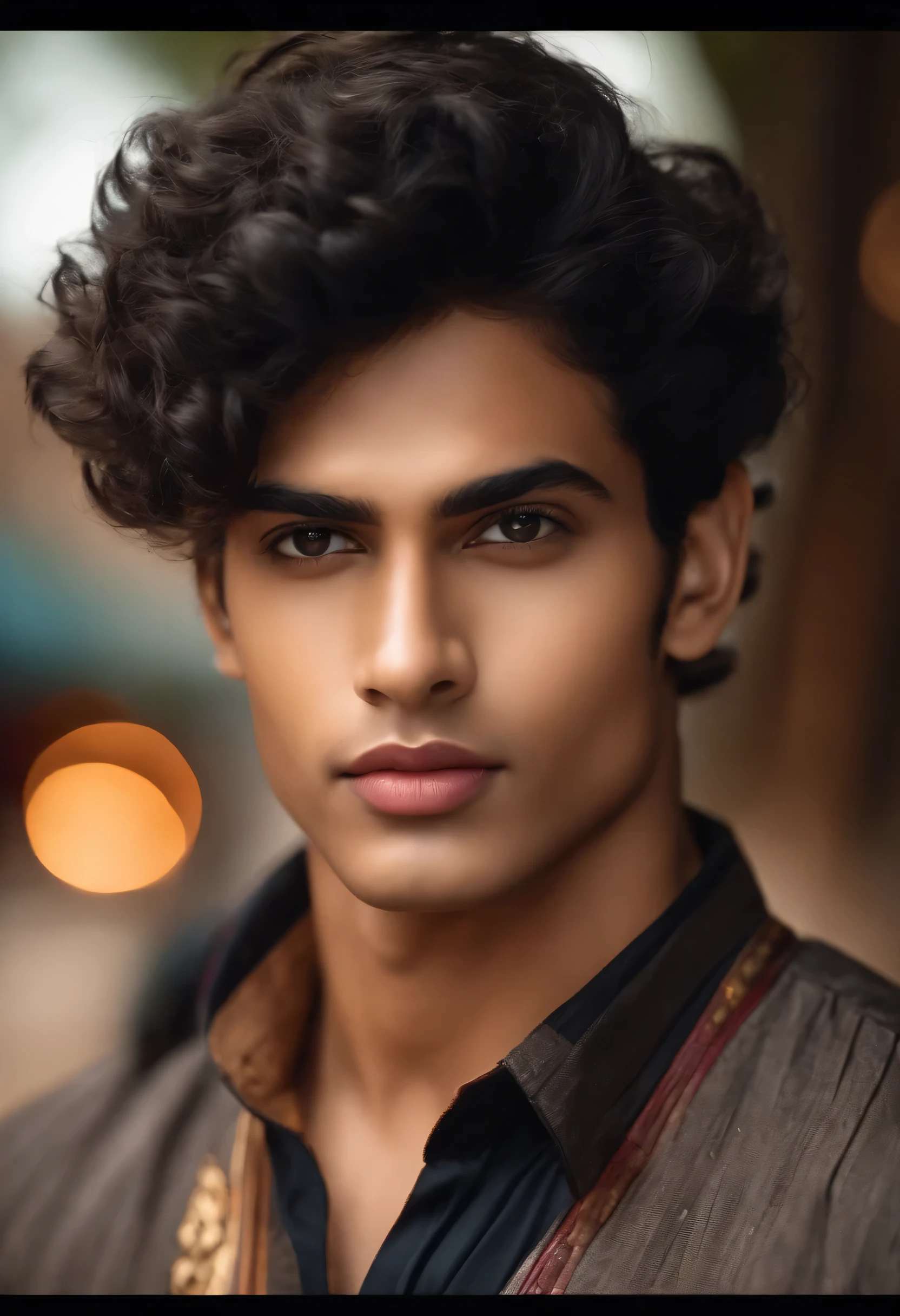 Indian 17 years boy, clean shave,white skin, curly black hair, diamond face shape, jaw line, red lip, realistic, 4k image