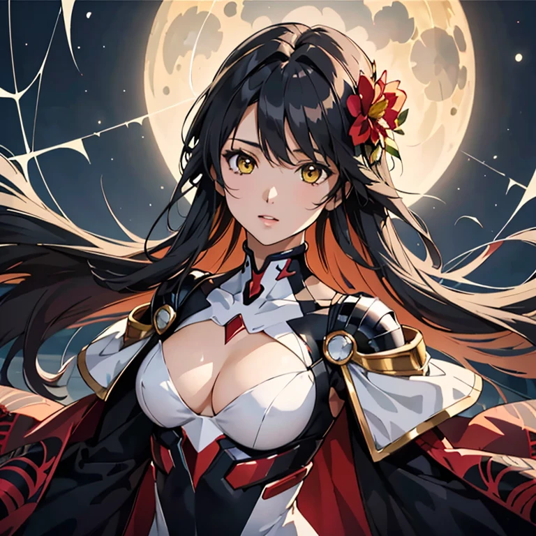 (highest quality, masterpiece, colorful, Dynamic Angle, highest detailed) Upper body photo, Cute girl fashion photos, (((Black Hair))),Yellow Eyes, Big red flower hair ornament, There is a spider web painted on his shoulder.,dressing high detailed Evangelion white suit, Dynamic pose, (Intricate details, hyperdetailed:1.15), detailed, Moonlight filtering through hair, (Official Art, extreme detailed, highest detailed), High resolution+