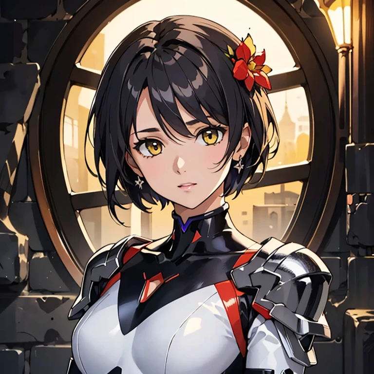 (highest quality, masterpiece, colorful, Dynamic Angle, highest detailed) Upper body photo, Cute girl fashion photos, （（（Black Hair）））,Yellow Eyes, Big red flower hair ornament, There is a spider web painted on his shoulder.,dressing high detailed Evangelion white suit, Dynamic pose, (Intricate details, hyperdetailed:1.15), detailed, Moonlight filtering through hair, (Official Art, extreme detailed, highest detailed), High resolution+
