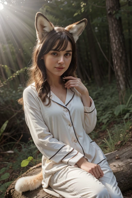 Professional, high-quality photos, 4K resolution, Realistically detailed image of an attractive girl in fluffy white pajamas with fox ears and a fox tail. She is sitting in the middle of a magical forest, Every element is perfectly expressed. The texture of pajamas, The ears and tail are sharp、palpable. The sunlight falls on the leaves、The girl&#39;s face is gently illuminated, Highlights delicate and attractive facial expressions