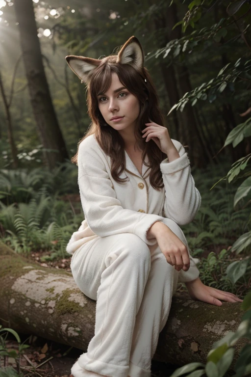 Professional, high-quality photos, 4K resolution, Realistically detailed image of an attractive girl in fluffy white pajamas with fox ears and a fox tail. She is sitting in the middle of a magical forest, Every element is perfectly expressed. The texture of pajamas, The ears and tail are sharp、palpable. The sunlight falls on the leaves、The girl's face is gently illuminated, Highlights delicate and attractive facial expressions