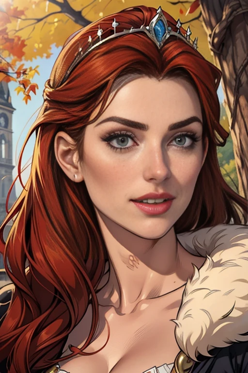 Hilda,cabelo vermelho,lips,cabelo sobre um olho,olhos vermelhos,verruga embaixo da boca,
armaduras,manoplas,fur trim,peitoral,coxas, casaco vermelho, head crown,
Sozinho, sorriso, tronco, corpo inteiro
castelo europeu,
(incrivelmente detalhado, lindo rosto detalhado, Obra de arte, melhor qualidade)