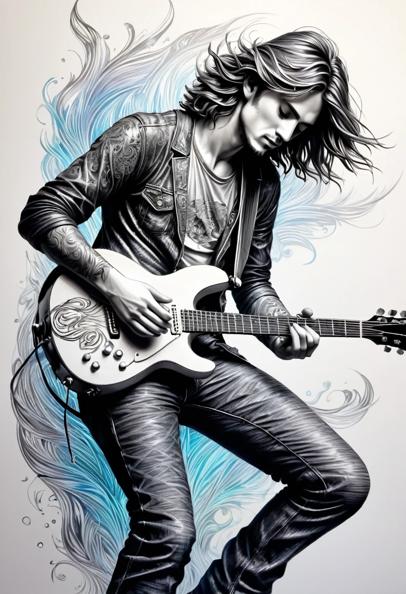 Dessiner une figurine 4D d’une guitariste de style encre uhd époustouflante et à couper le souffle, effet holographiqhe qui semble sortir de la feuille de dessin, extremely detailed drawing, hyperRéaliste, sublime details. Truly remarkable work, rock'n roll metal work , perfect and detailed hands, highly detailed hyperrealistic guitar