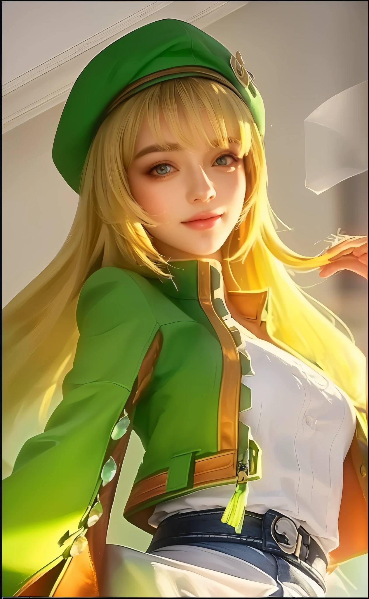 a young girl in a green hat and green jacket, detailed portrait, beautiful detailed eyes, beautiful detailed lips, extremely detailed eyes and face, long eyelashes, gorgeous face, serious expression, (best quality,4k,8k,highres,masterpiece:1.2),ultra-detailed,(realistic,photorealistic,photo-realistic:1.37),HDR,UHD,studio lighting,ultra-fine painting,sharp focus,physically-based rendering,extreme detail description,professional,vivid colors,bokeh,portrait,concept art,digital painting,warm colors,dramatic lighting,radiant smile