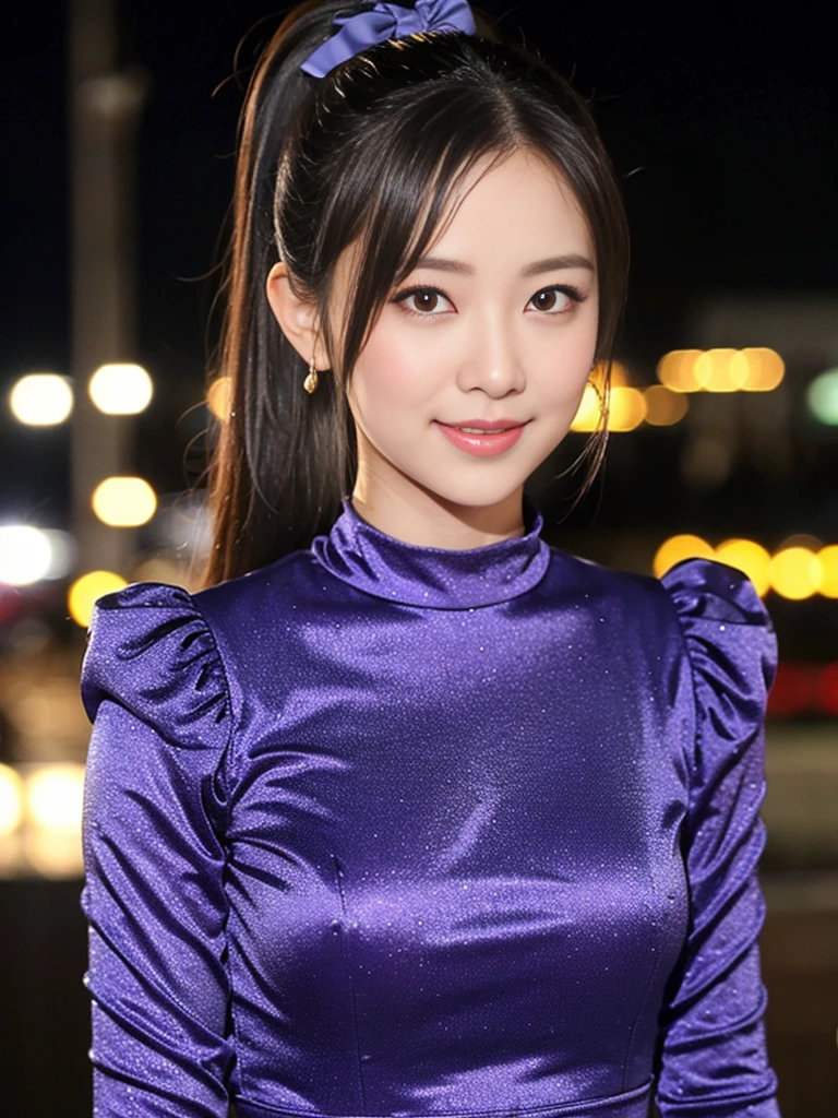 a gorgeous lady in a Bow Front Flounce Sleeve 2-in-1 Dress, standing under night sky, dimpled smile, short ponytail, in a natural pose, photorealistic, beautiful detailed eyes, hyper-realism, high contrast, ultra HD, realistic skin textures, top image quality, top-quality, super high resolution, fine details, very meticulously, bokeh background