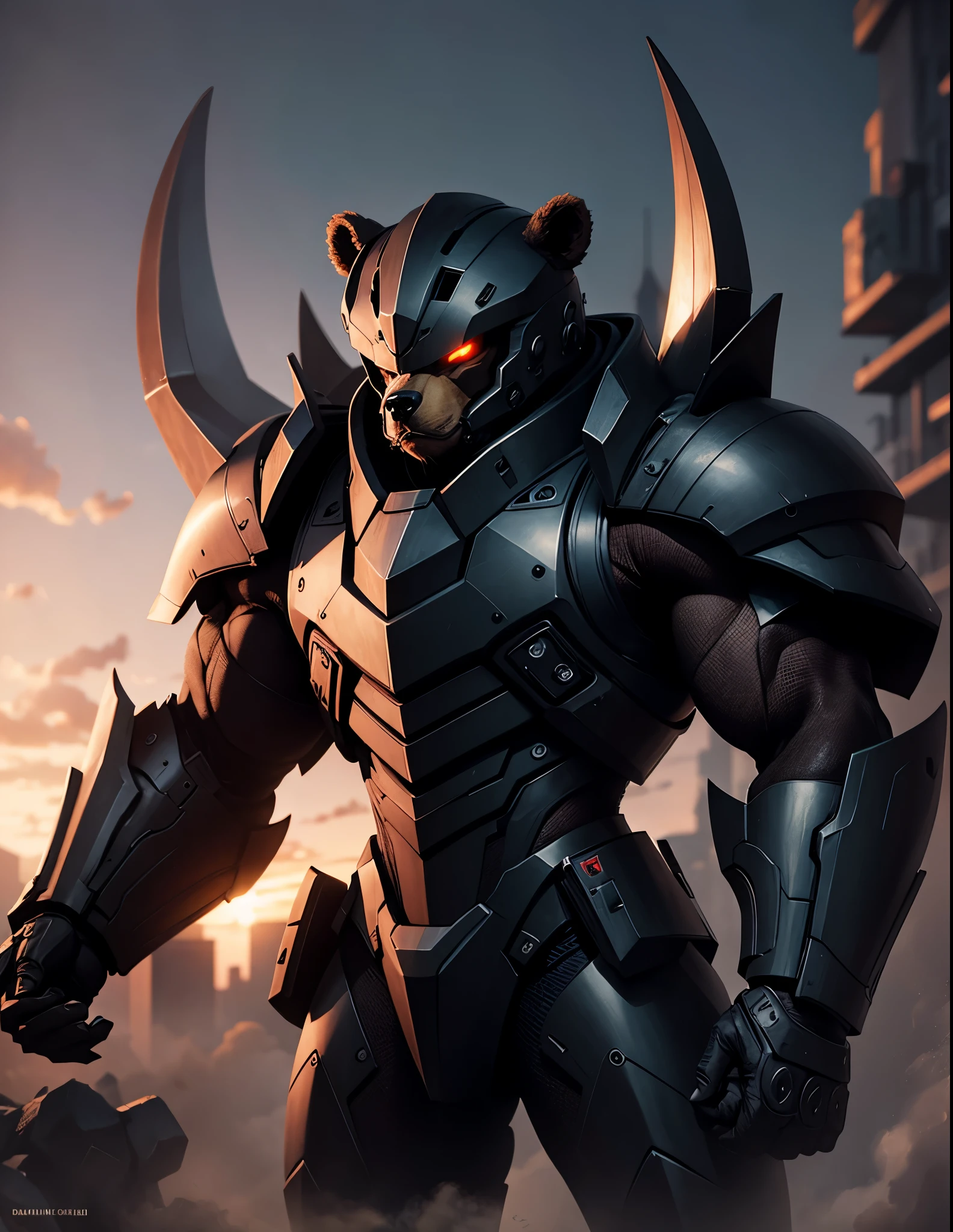 Bear, brown fur, black horns on both shoulders, black claws on both hands, black visor on head, black fangs, high quality, mechanical background,