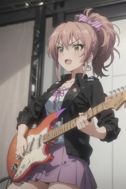 (((pixel-perfect, detail-perfect))), solo, 1girl, :o, angry eyebrows, mika jougasaki, ponytail, earrings, playing electric guitar, jacket pink, shirt black, skirt black, smile