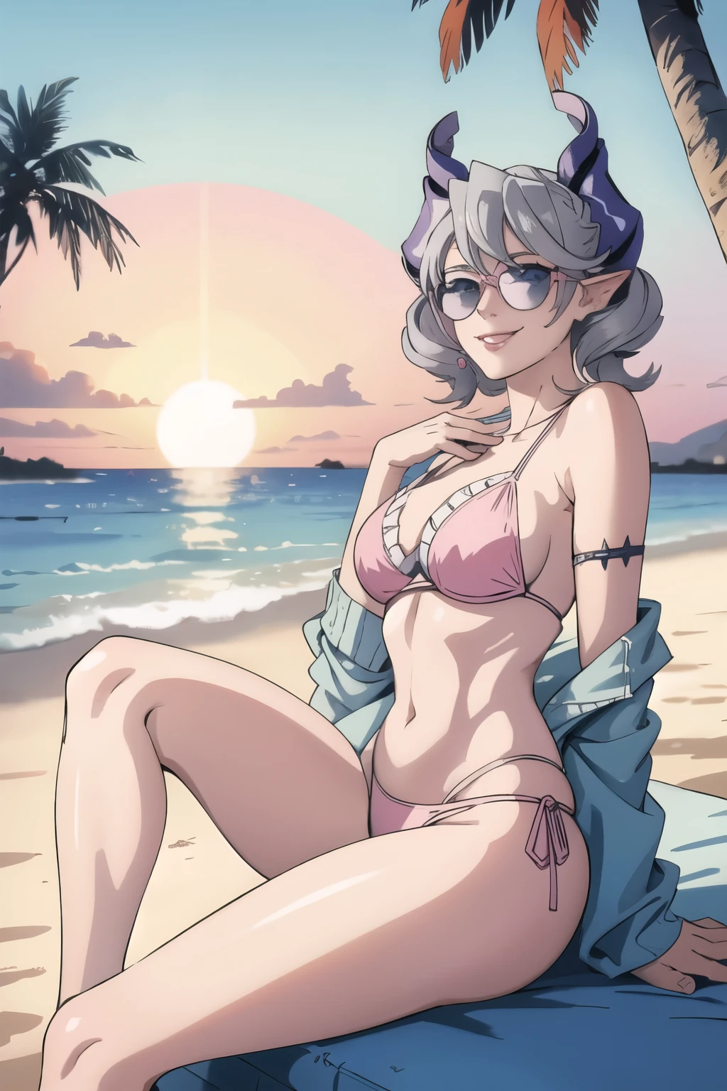 High level image quality best image quality 8K adult woman beach sunset palm trees more colors whole body view portrait blue bikini horn ears short hair((shortcut)(gray hair)(perm)(fluffy)) eye color is blue , pink sunglasses , attractive evil face , smile , sexy pose , labrynth , barearm , wearing pink shirt , crossed leg style in detailed , view from side