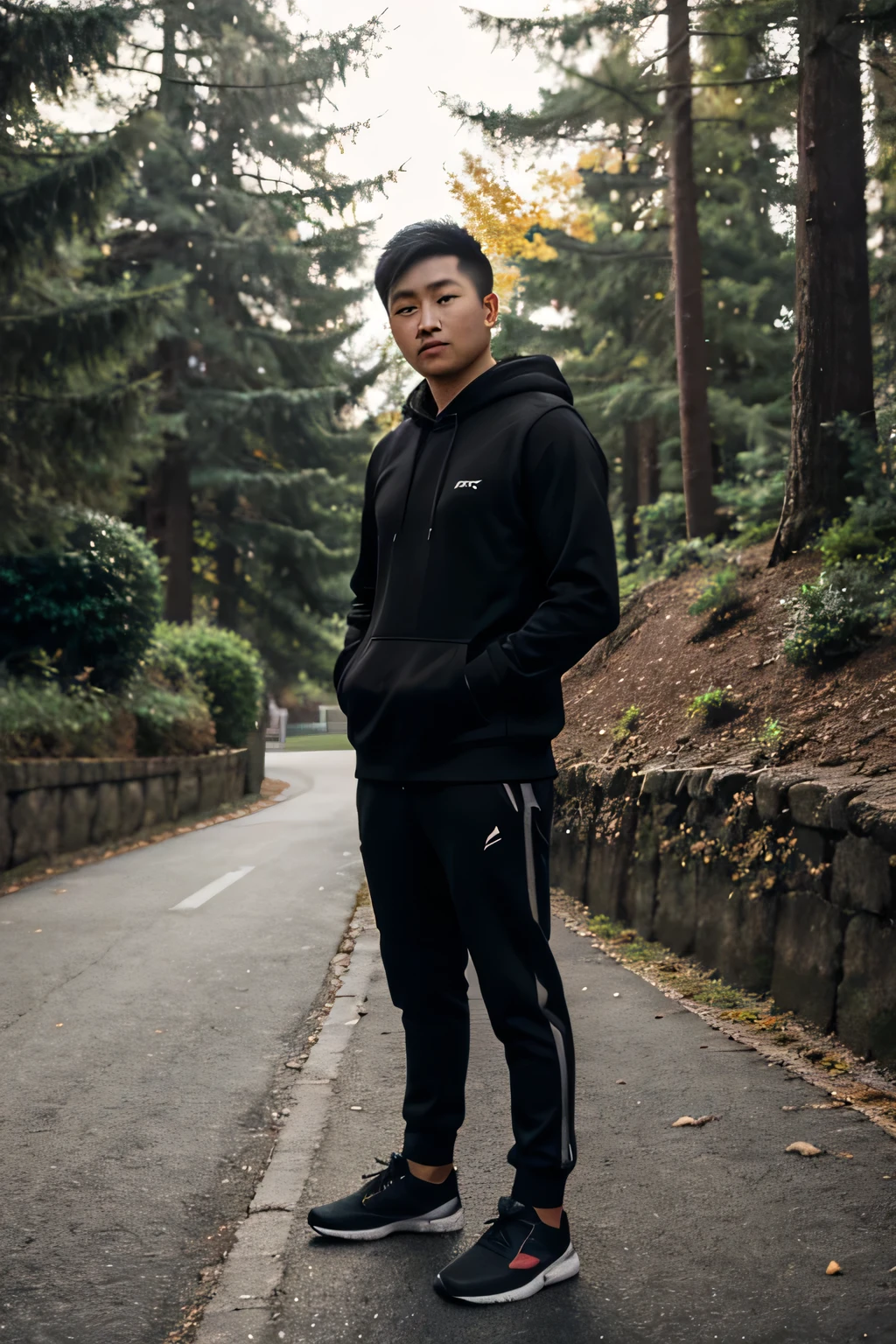 athletic asian man wearing black hoodie, full body, hands on hoodie pockets, body straight to the camera, soft natural lighting
