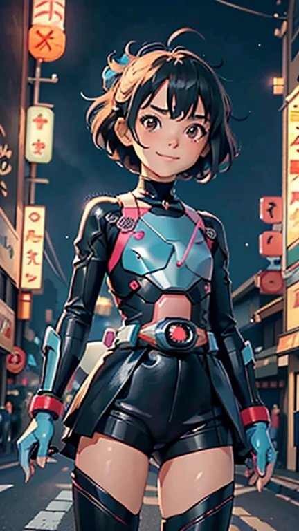 (8k),(masterpiece),(Japanese),(***************),((innocent look)),((Petit)),From the front,smile,cute,Innocent,Kind eyes,flat chest, Slender, Kamen Rider costume,short,Hair blowing in the wind,Black Hair,strong wind,midnight,dark,neon light futuristic city