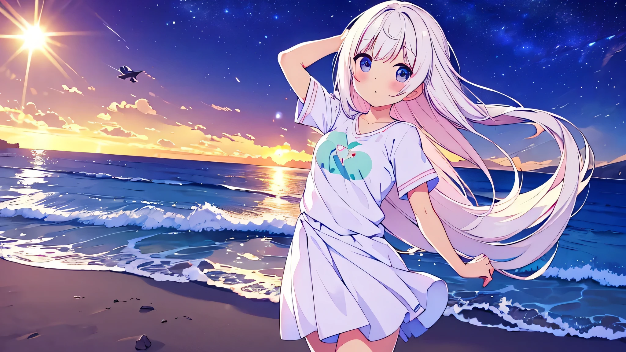 Una linda camisa blanca que la deja ver. 、Falda de vuelo celeste con volantes、Se levanta la falda con ambas manos para lucir su linda ropa interior blanca.、Linda ropa interior blanca visible cuando se levanta la falda.、Playa de arena, Mar hermoso, noche y cielo estrellado