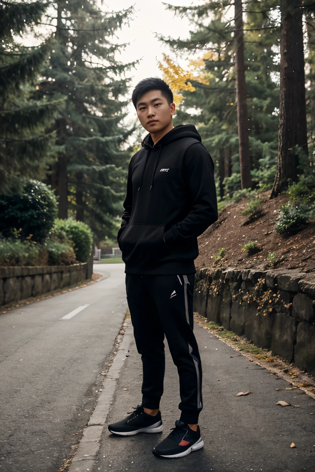 athletic asian man wearing black hoodie, full body, hands on hoodie pockets, body straight to the camera, soft natural lighting