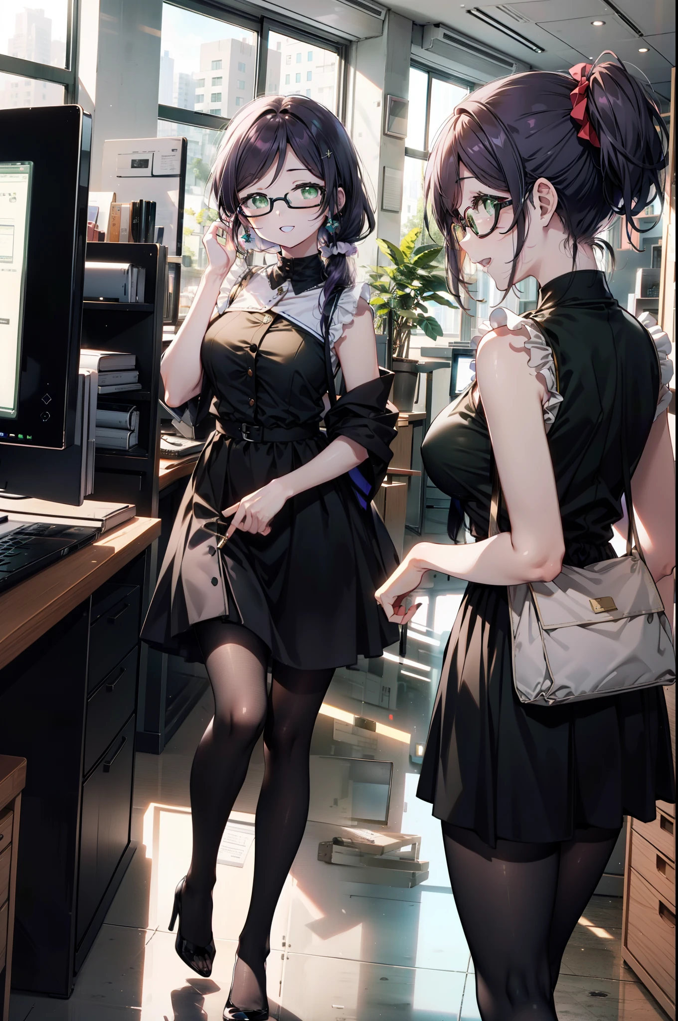 nozomitoujou, Nozomi-san always, (Green Eyes:1.5), Purple Hair, Long Hair, (Large Breasts:1.2),happy smile, smile,low ponytail,Low ponytail,Scrunchie,Black-rimmed glasses,Open your mouth,Sleeveless dress,Long skirt,Black pantyhose,Stiletto heels,There is a computer on the table,walking,Daytime,Clear skies,whole bodyがイラストに入るように,
break looking at viewer,whole body,
break indoors, office,
break (masterpiece:1.2), highest quality, High resolution, unity 8k wallpaper, (figure:0.8), (Beautiful fine details:1.6), Highly detailed face, Perfect lighting, Highly detailed CG, (Perfect hands, Perfect Anatomy),