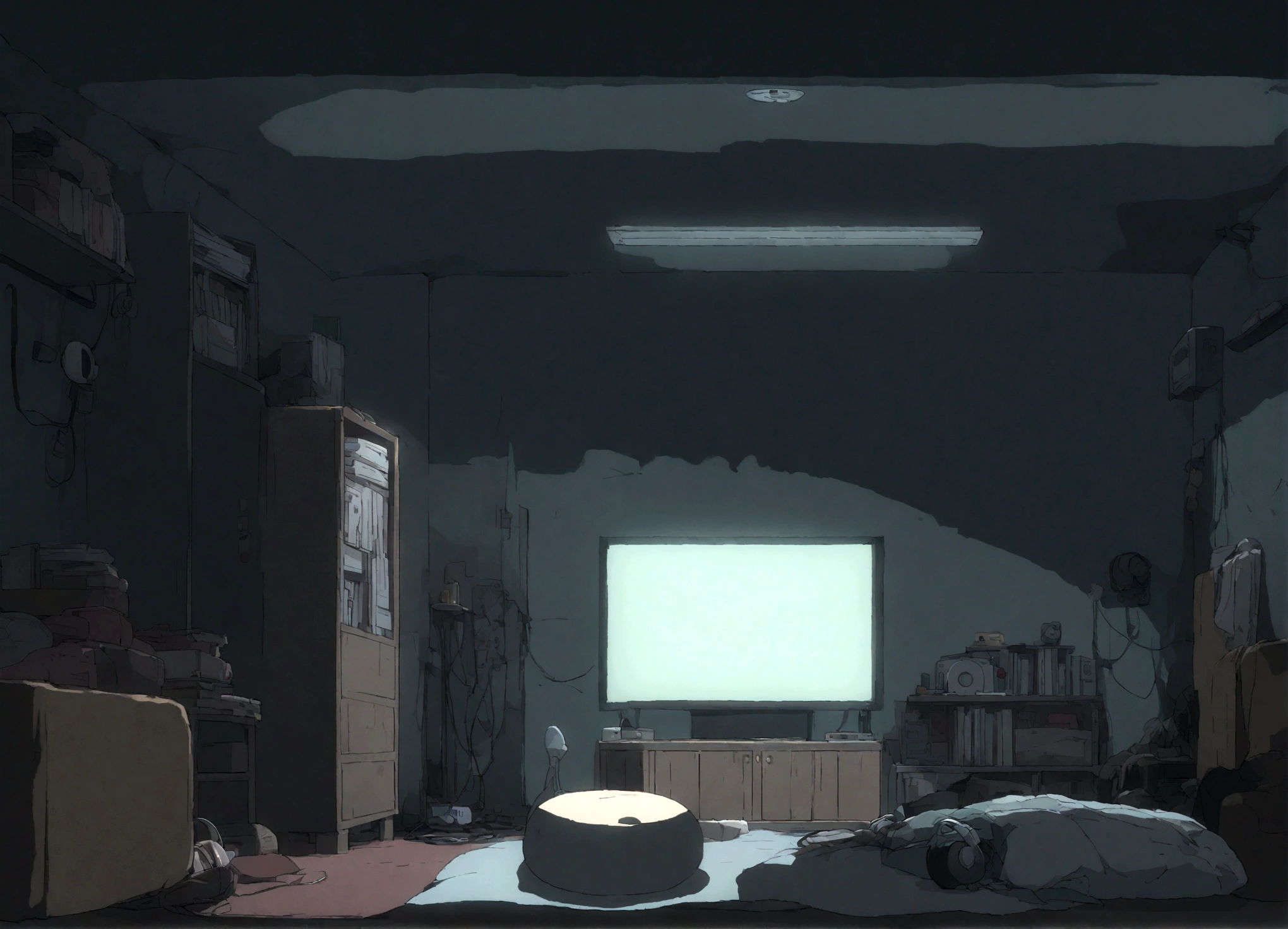 night、Girl listening to music in a cozy room, Use headphones, Anime-style 2D, Lo-Fi, hard disk, Dark Environment