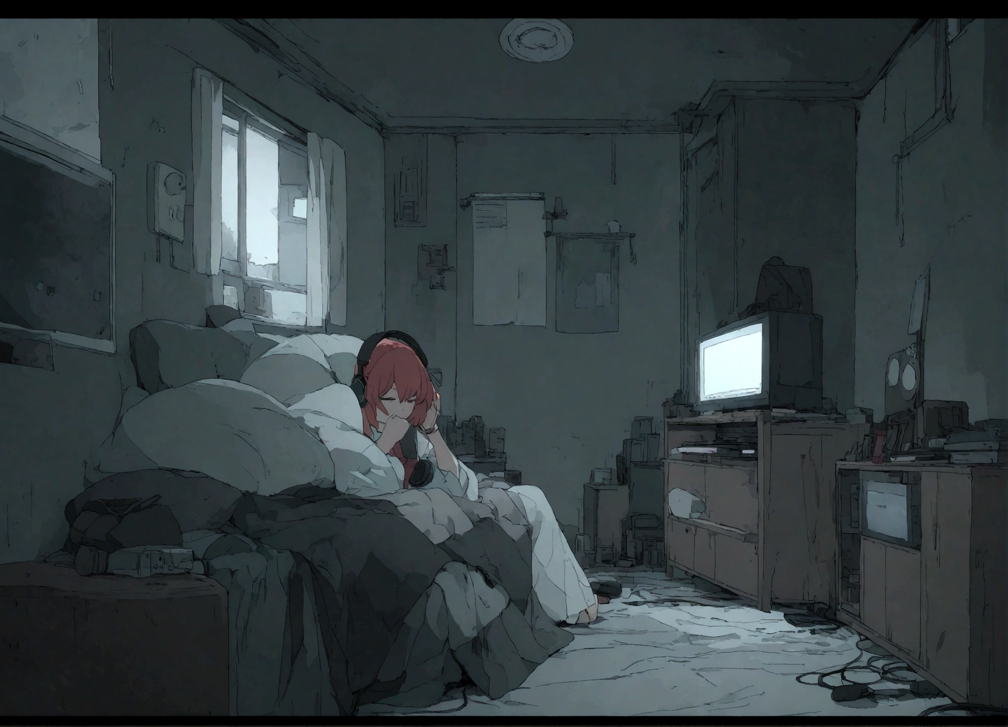night、Girl listening to music in a cozy room, Use headphones, Anime-style 2D, Lo-Fi, hard disk, Dark Environment