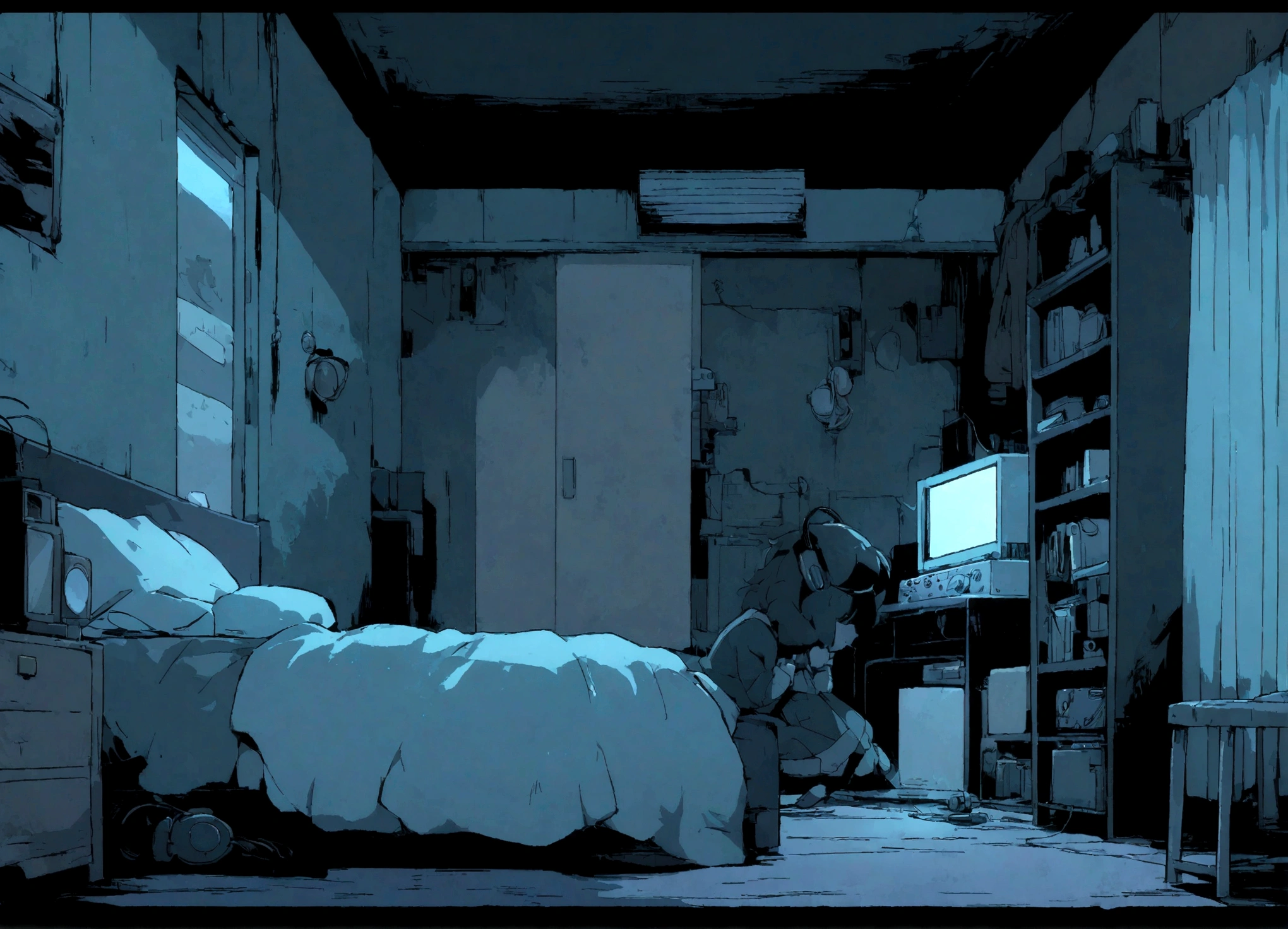 night、Girl listening to music in a cozy room, Use headphones, Anime-style 2D, Lo-Fi, hard disk, Dark Environment