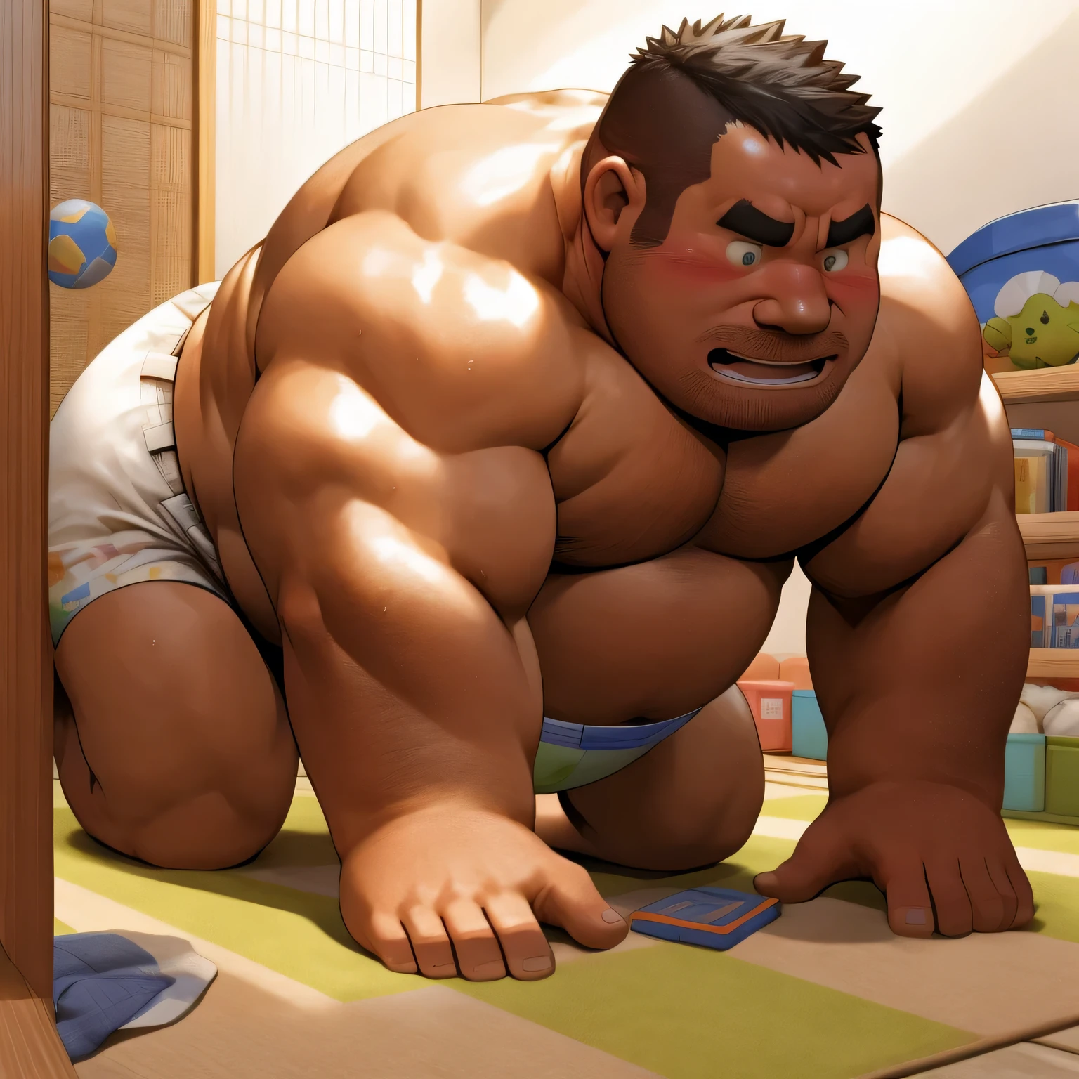 masterpiece, Top quality, in 32K, perfect anatomy, hyper detailed, super fine illustration, The thick man is a brutal prisoner, retarded, hairy human, 50yo in Japan, (fatness: 1.0), Fatty muscle, Bowleg, disappointment, incontinent, shy, sissy, Weaker than children, Drool, Round face, be diaper check by children, waddle, There is a small puddle under him, incontinent, Naked, short legs, Bowleg, spread legs, wear a White cloth Diaper, Bare belly, Bare legs, Bare foots, Bare soles, Shirtless, wide forehead and short thinning hair, Man with round face with stubble, Bare foots, Bare soles, He enters nursery school and is despised by children, He surrounded by children, His bottom is wet, Bare foots, big butt, he is scolded by the children, White Diaper, He surrounded by children, sobbing, wear a White cloth Diaper, shirtless, There is a small puddle under him, He enters nursery school and is despised by children, big butt, sobbing, He crawling to go to children, on all fours, side view