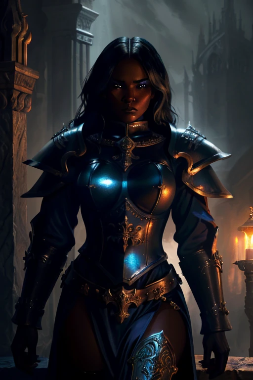 a young black woman in a detailed blue uniform, ornate medieval-style armor, intricate details, highly detailed face, piercing eyes, determined expression, power armor, religious insignia, dramatic lighting, moody atmosphere, cinematic, dark fantasy