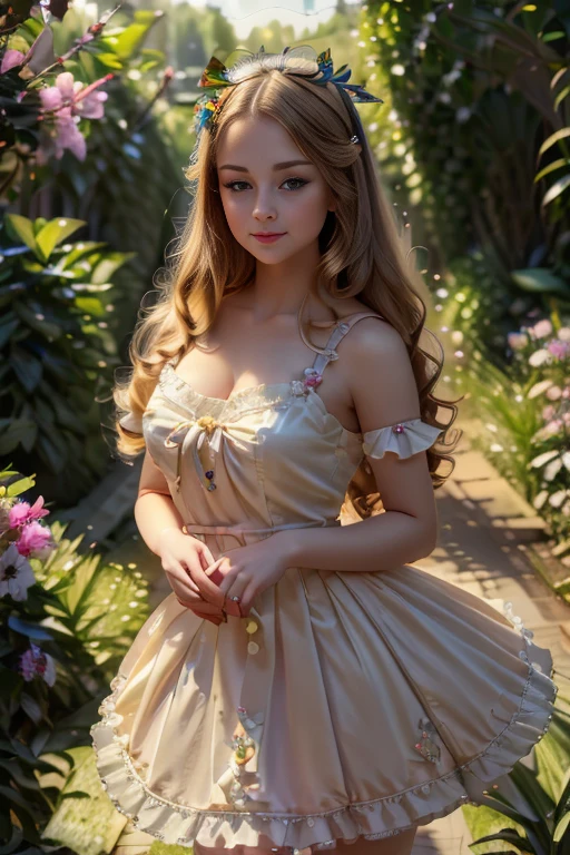 a beautiful young blonde girl in a ta style dress, detailed porcelain skin, big innocent eyes, long eyelashes, small cute nose, rosy lips, long flowing hair, holding a parasol, standing in a lush garden with flowers and butterflies, detailed background, (best quality,4k,8k,highres,masterpiece:1.2),ultra-detailed,(realistic,photorealistic,photo-realistic:1.37),vibrant colors, soft lighting, delicate and whimsical, fairy tale like atmosphere
