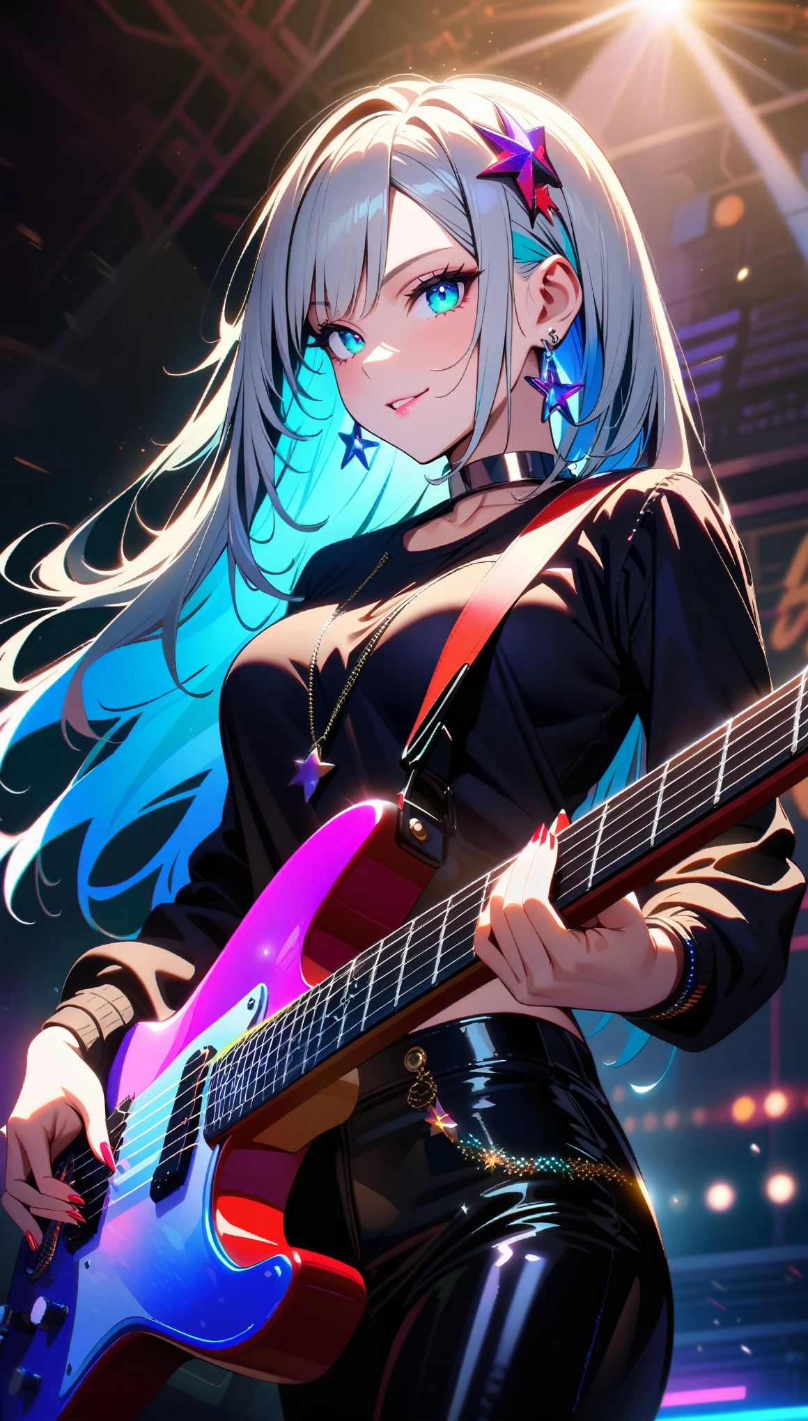 Very cute 15 year old girl, play the guitar、les paul guitar、((She has some silver earrings in her ears.. Black choker、Black punk fashion))、(Gray hair color、Light pink inner color hairstyle、Hair expressed with a delicate touch), Beautiful Hair, Facial Contour, Remember, Live venue stage, splash, Lens flare、Bright lighting、illumination、Natural Color, High resolution, Very delicate, Very detailed, 8k,（Her breast size is about a B cup）、Shyness,((Sexual)),((Naughty feelings)),smile、He&#39;s playing an orange gradient Les Paul guitar.